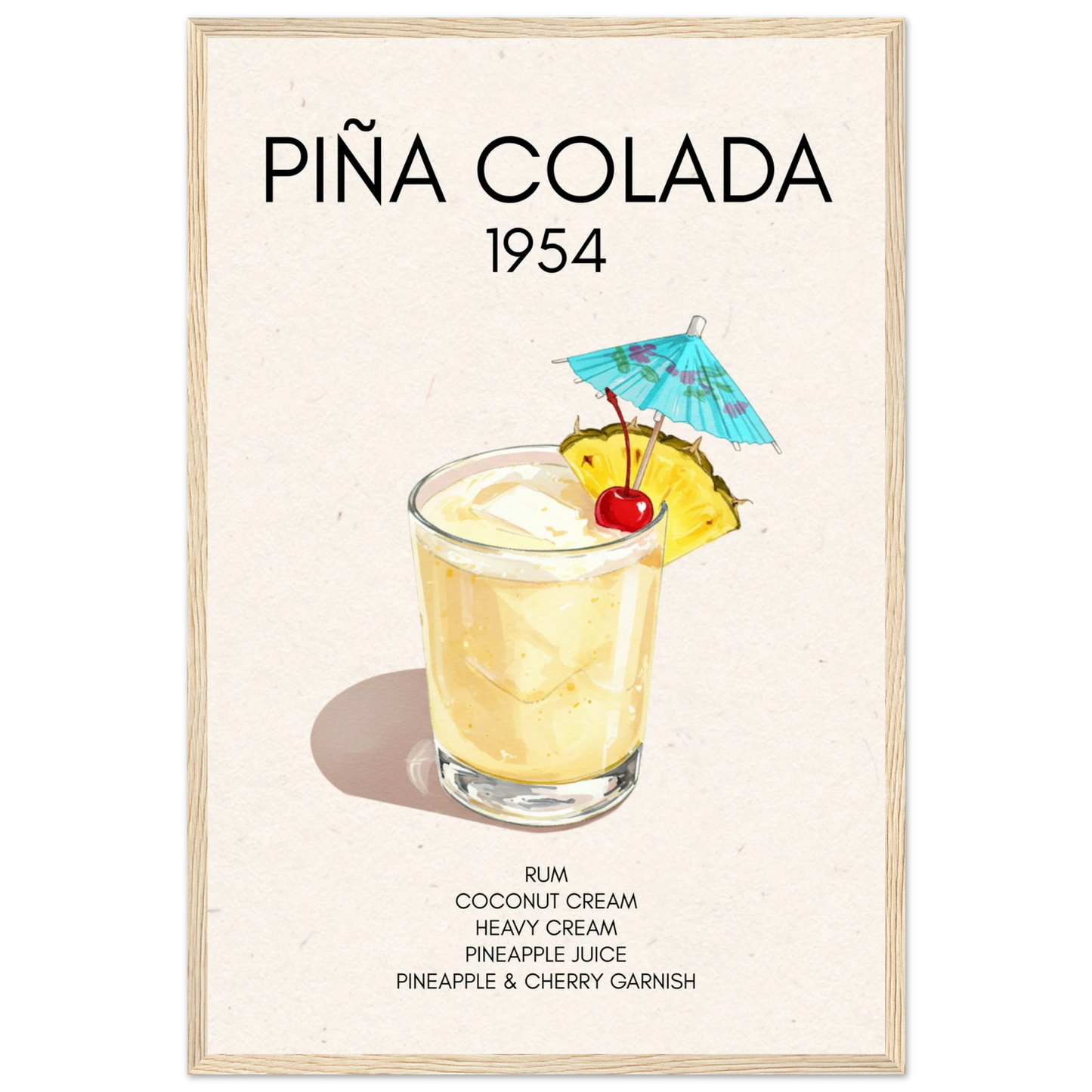 Pina Colada Cocktail Bar Poster Print Light Wood Frame 40x60 cm 16x24″ Premium Matte Paper Wooden Framed Poster