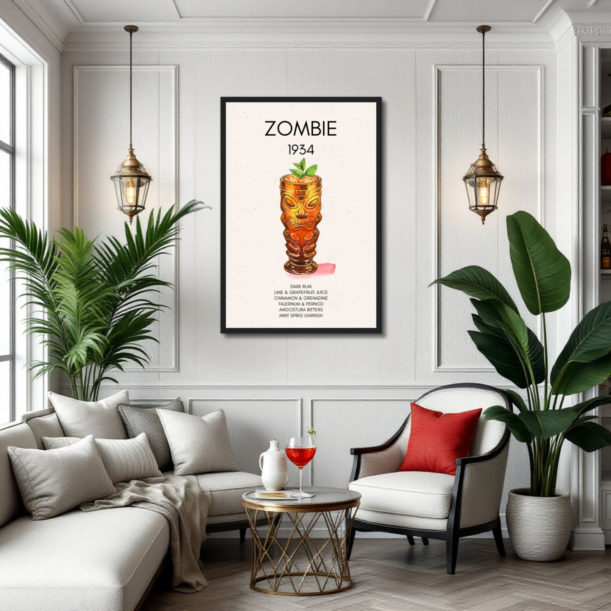 Zombie Tiki Cocktail Bar Poster Print Dark Brown Wood Frame 30x45 cm 12x18″ Framed Canvas