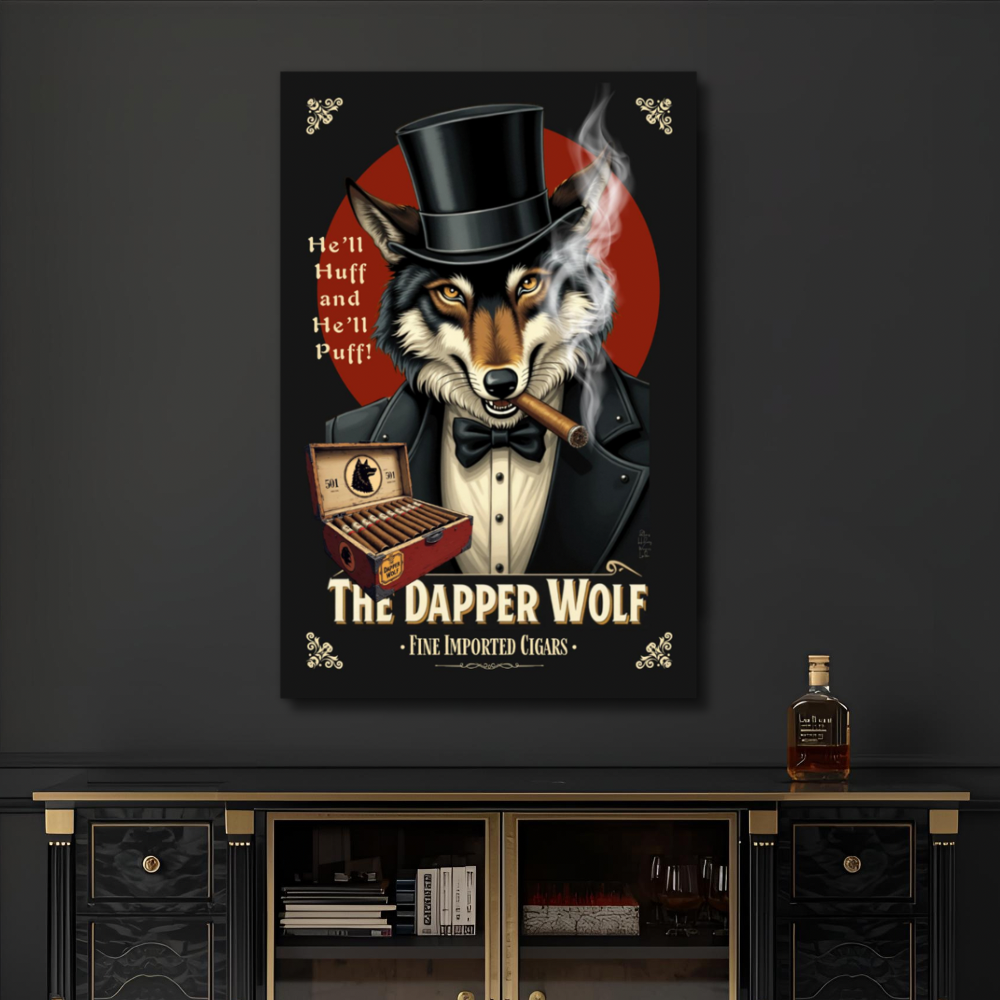 Smoking Wolf Retro Cigar Art Print 30x45 cm 12x18″ Premium Matte Paper Wooden Framed Poster Dark Brown Wood Frame