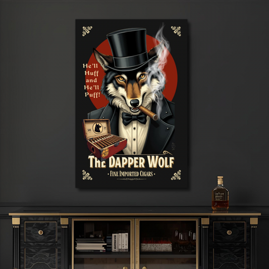 Smoking Wolf Retro Cigar Art Print 30x45 cm 12x18″ Premium Matte Paper Wooden Framed Poster Dark Brown Wood Frame