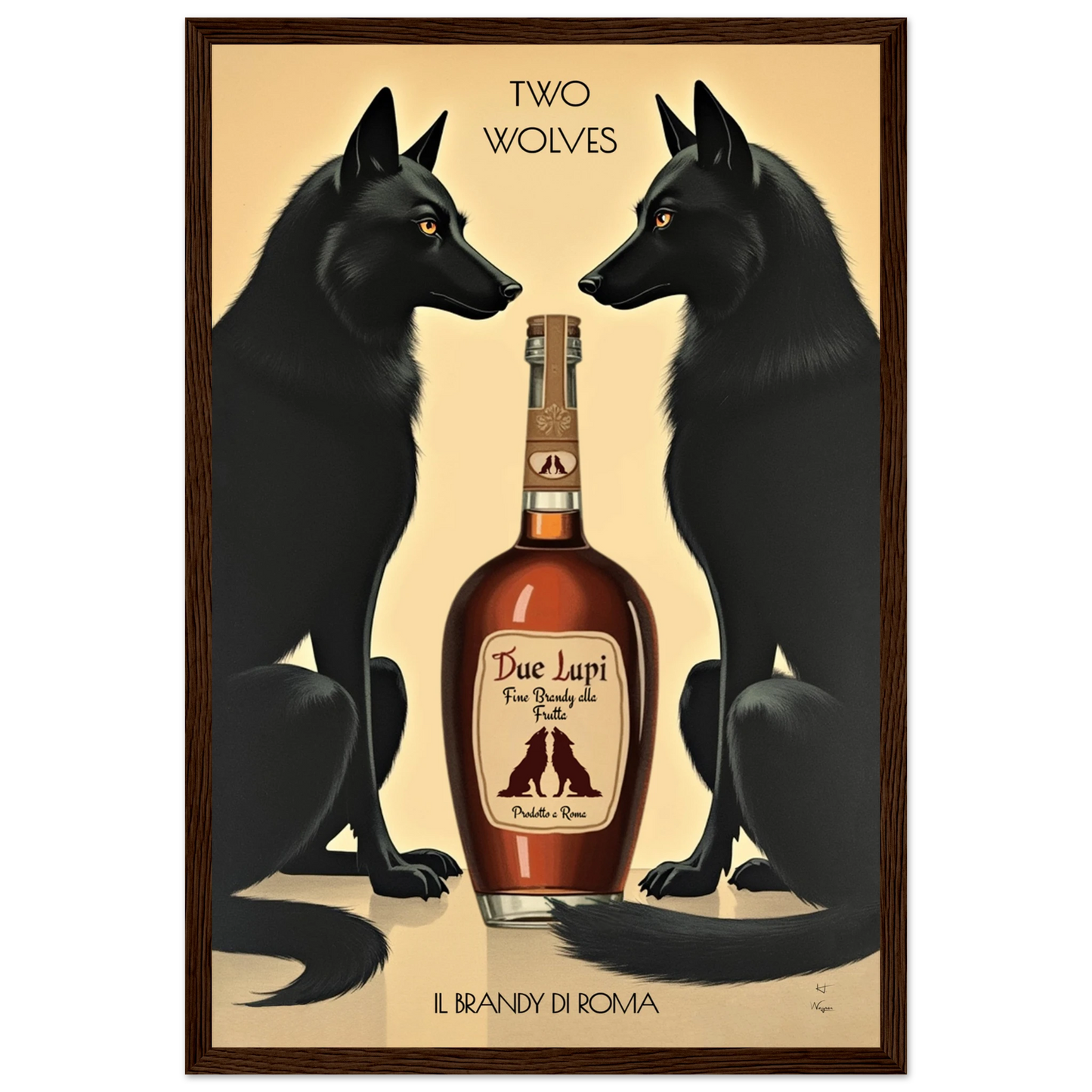 Two Wolves Italian Cocktail Bar Art Print 30x45 cm 12x18″ Classic Matte Paper Wooden Framed Poster Dark Brown Wood Frame
