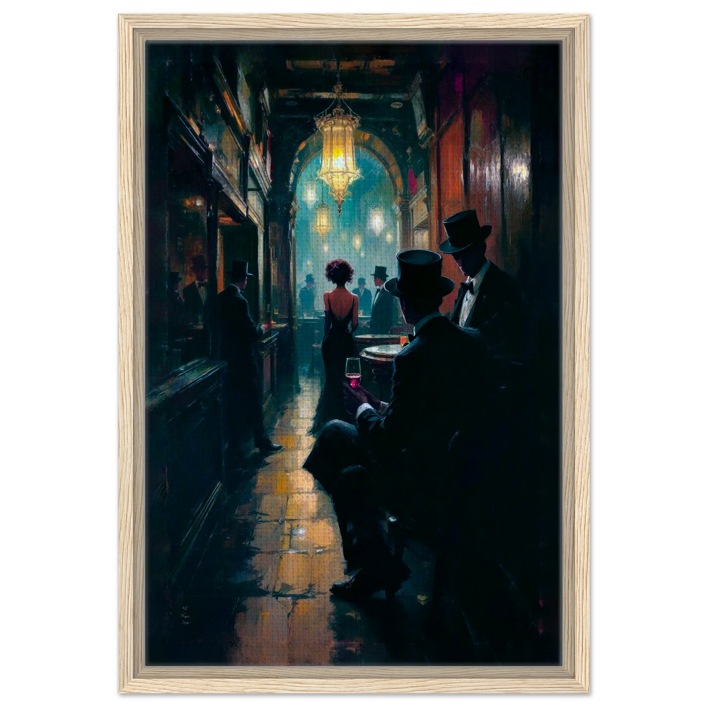 Prohibition Speakeasy Art Deco Print Light Wood Frame 40x60 cm 16x24″ Framed Canvas