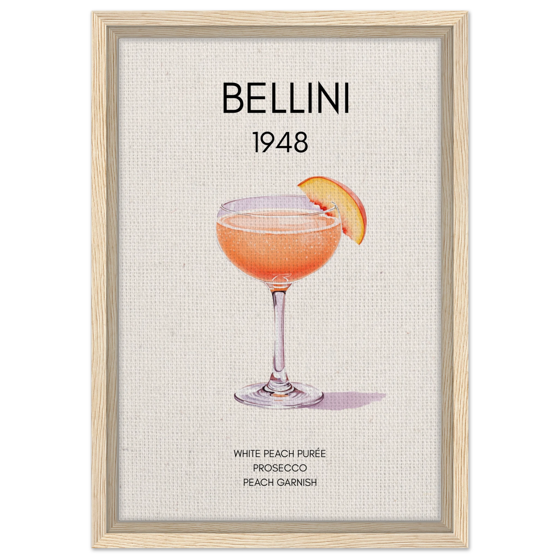 Italian Bellini Cocktail Bar Poster Print 30x45 cm 12x18″ Framed Canvas Light Wood Frame
