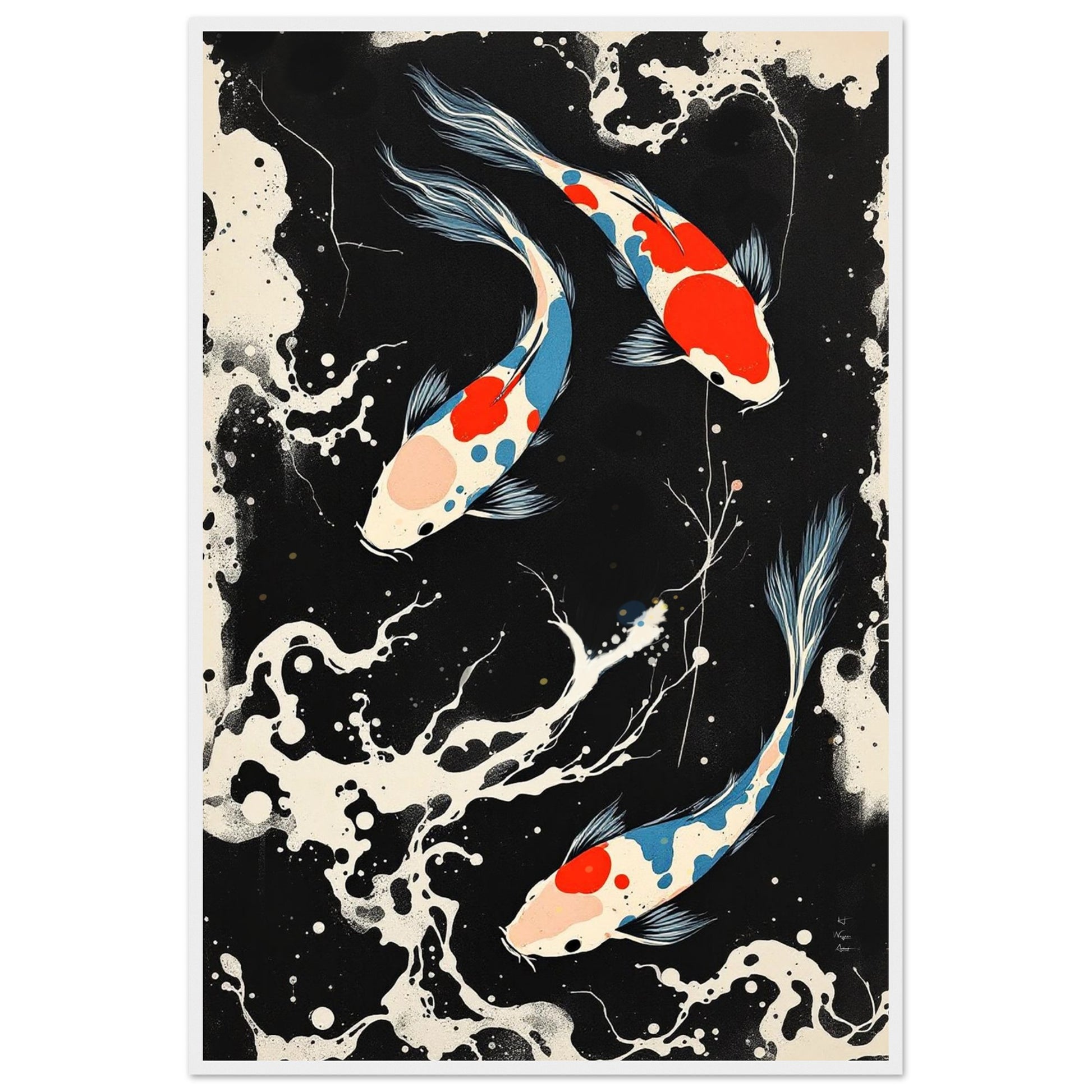 Modern Black White Koi Fish Ocean Art Print 60x90 cm 24x36″ Classic Matte Paper Wooden Framed Poster White Wood Frame