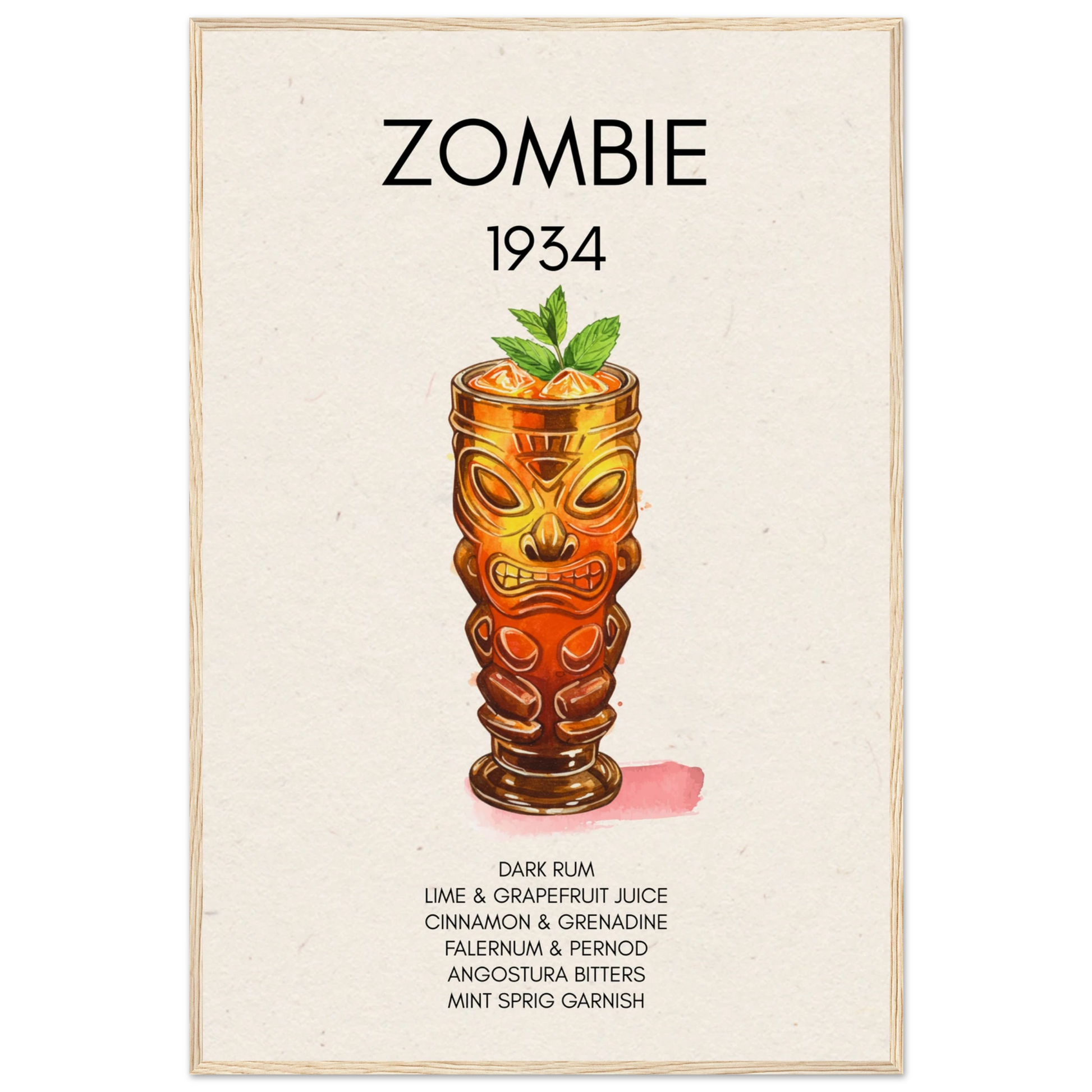 Zombie Tiki Cocktail Bar Art Print Light Wood Frame 60x90 cm 24x36″ Museum-Quality Matte Paper Wooden Framed Poster