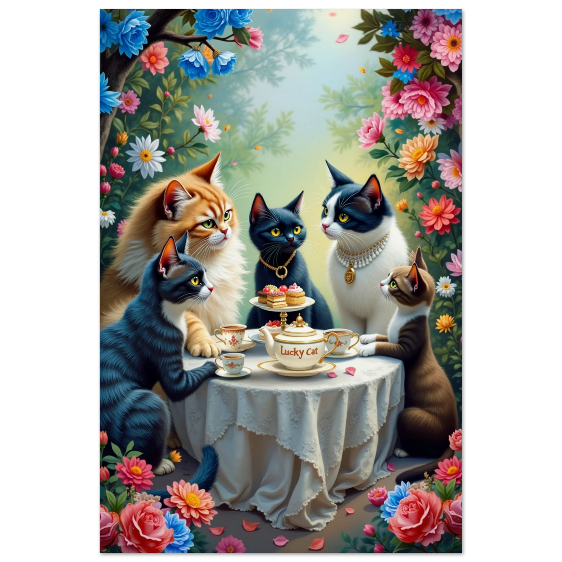 Lucky Cat Tea Party Botanical Art Print 30x45 cm 12x18″ Museum-Quality Matte Paper Poster No Frame