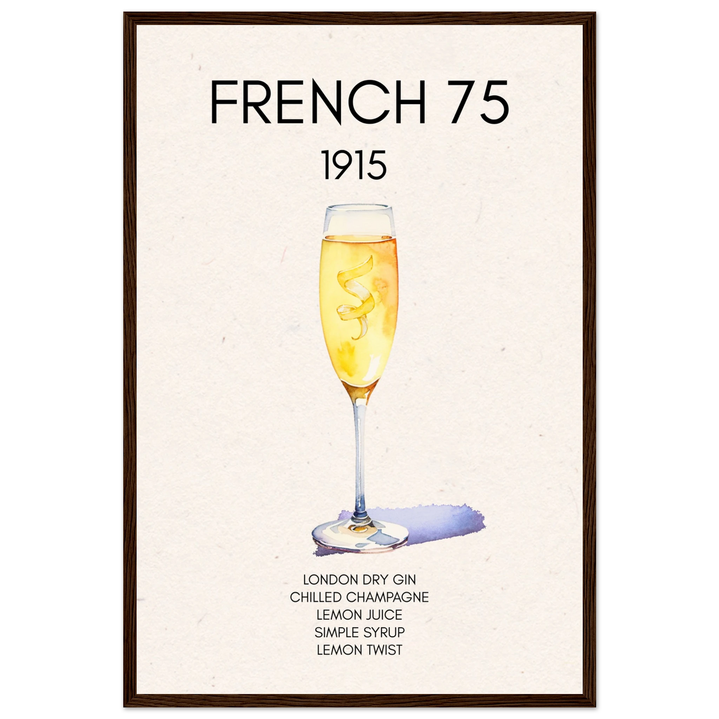 French 75 Cocktail Art Print Dark Brown Wood Frame 40x60 cm 16x24″ Premium Matte Paper Wooden Framed Poster