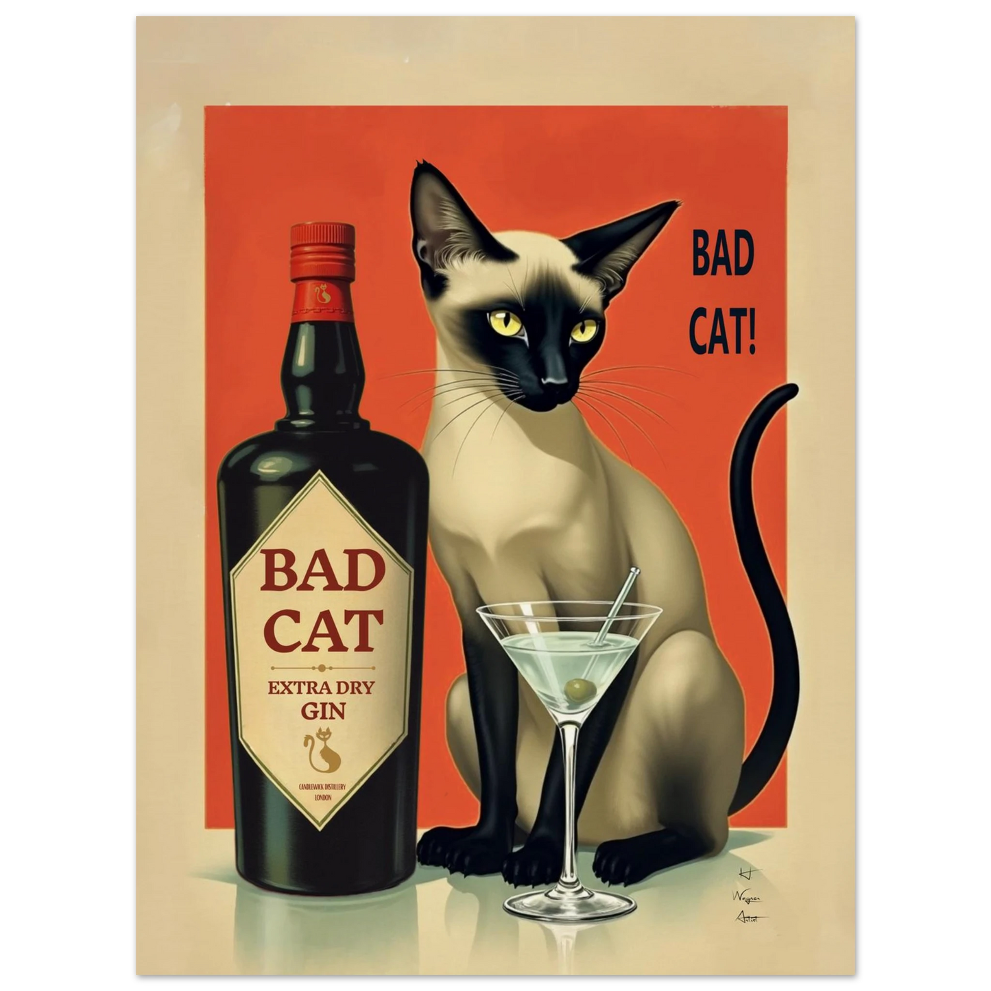 Siamese Cat Gin Martini Cocktail Art Print 60x80 cm 24x32″ Museum-Quality Matte Paper Poster No Frame