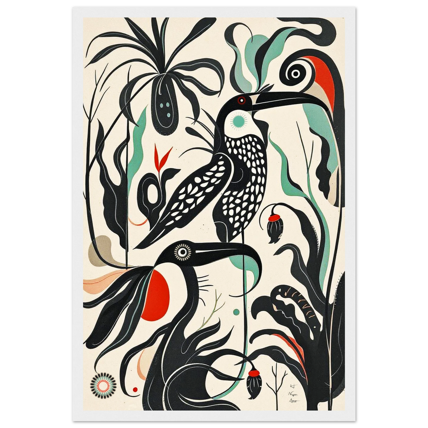 Mid-Century Modern Tropical Bird Art Print White Wood Frame 30x45 cm 12x18″ Classic Matte Paper Wooden Framed Poster