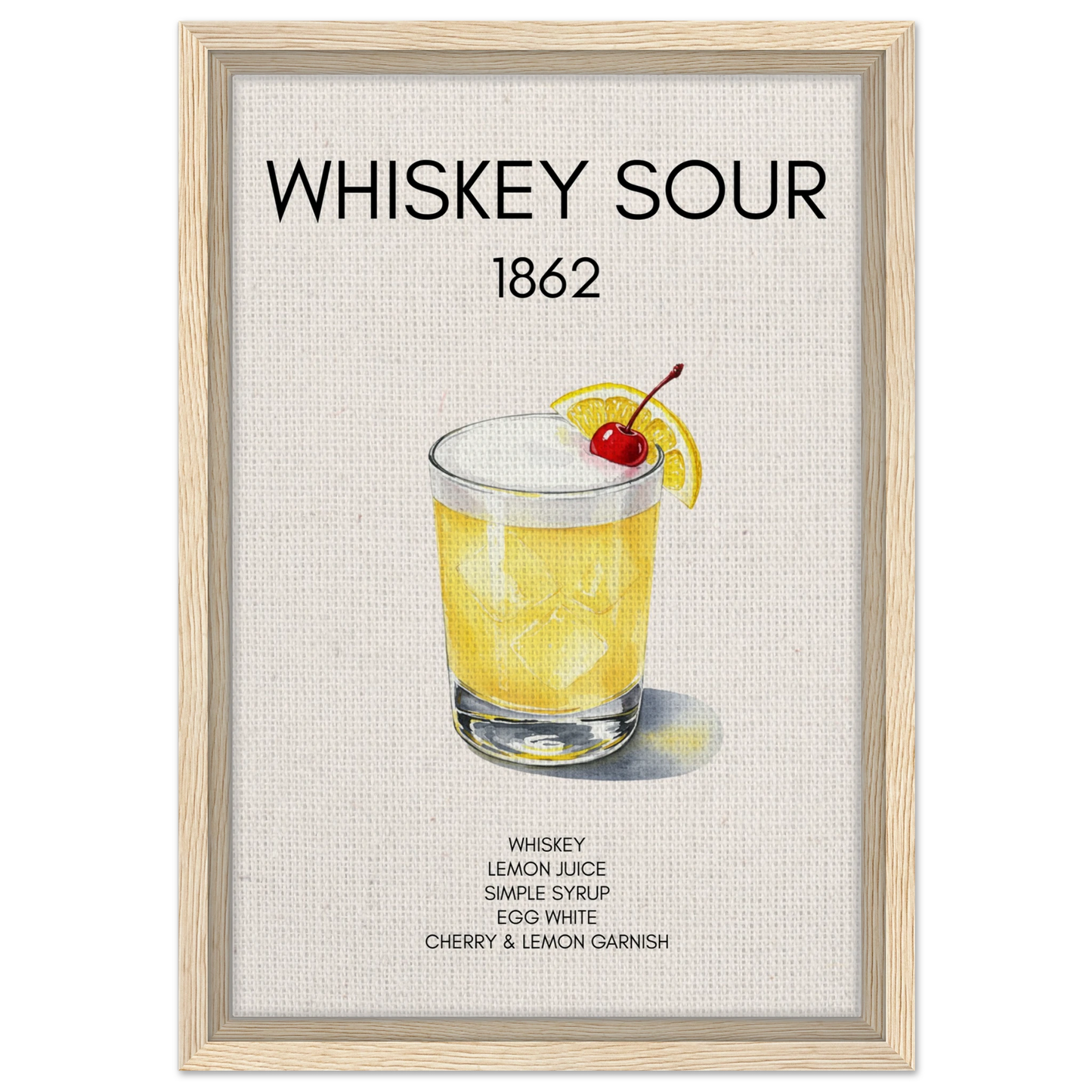 Whiskey Sour Cocktail Bar Poster Print Light Wood Frame 30x45 cm 12x18″ Framed Canvas