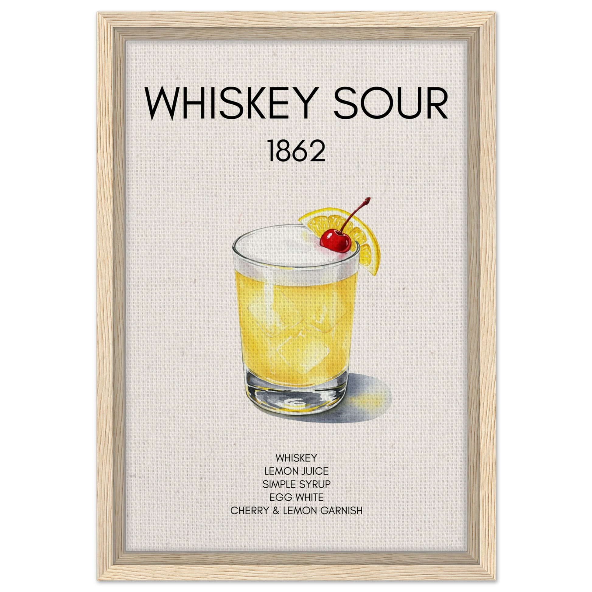 Whiskey Sour Cocktail Bar Art Print Light Wood Frame 30x45 cm 12x18″ Framed Canvas