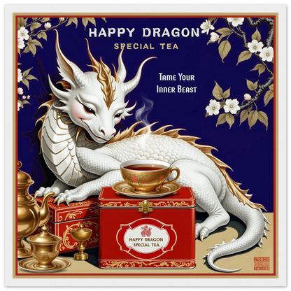 Happy Dragon Tea Art Print 40x40 cm 16x16″ Premium Matte Paper Wooden Framed Poster White Wood Frame
