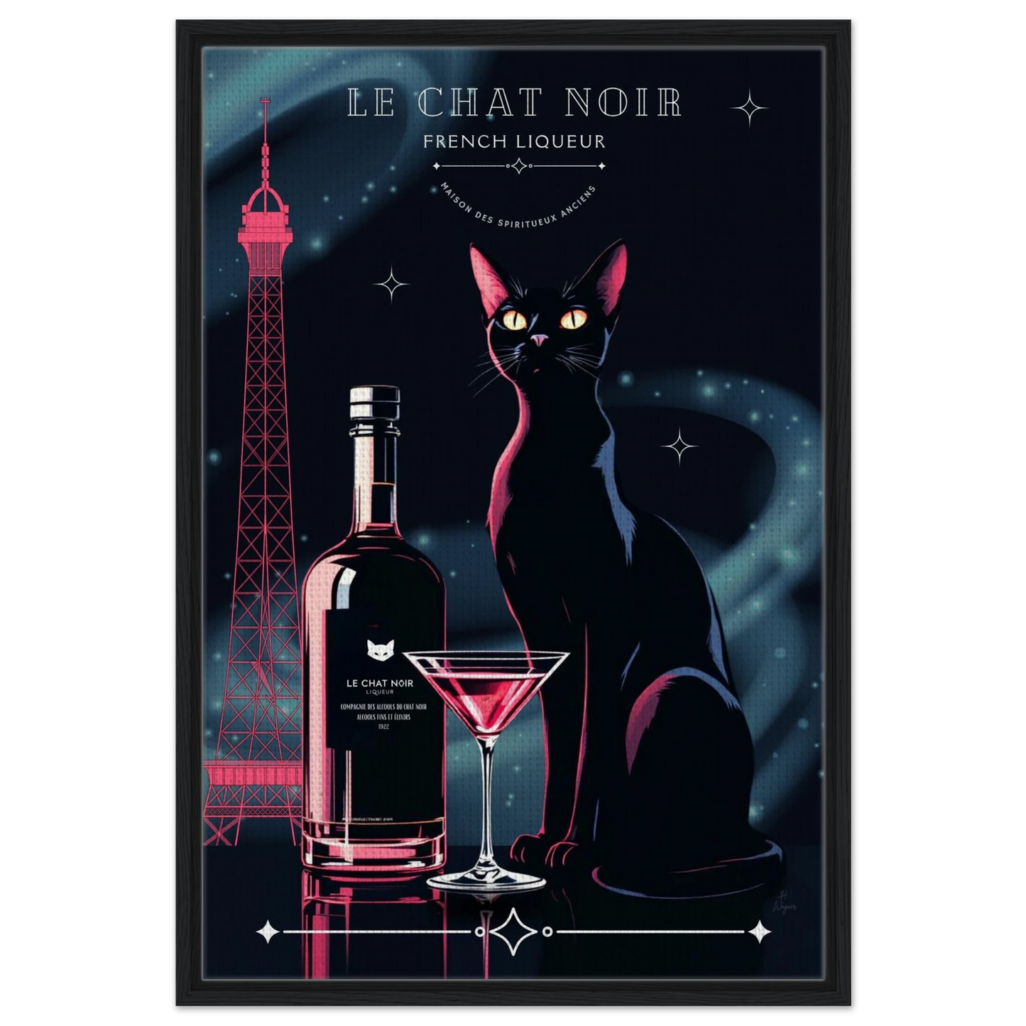 Art Deco Le Chat Noir French Black Cat Art Print 60x90 cm 24x36″ Framed Canvas Black frame