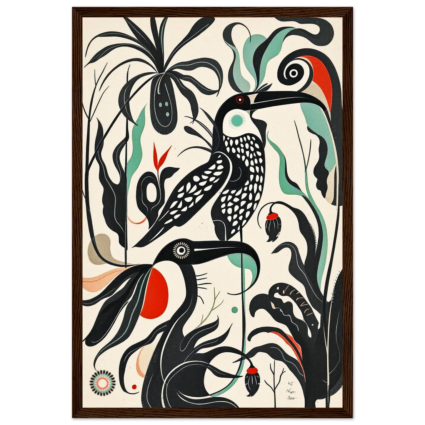 Mid-Century Modern Tropical Bird Art Print Dark Brown Wood Frame 30x45 cm 12x18″ Classic Matte Paper Wooden Framed Poster