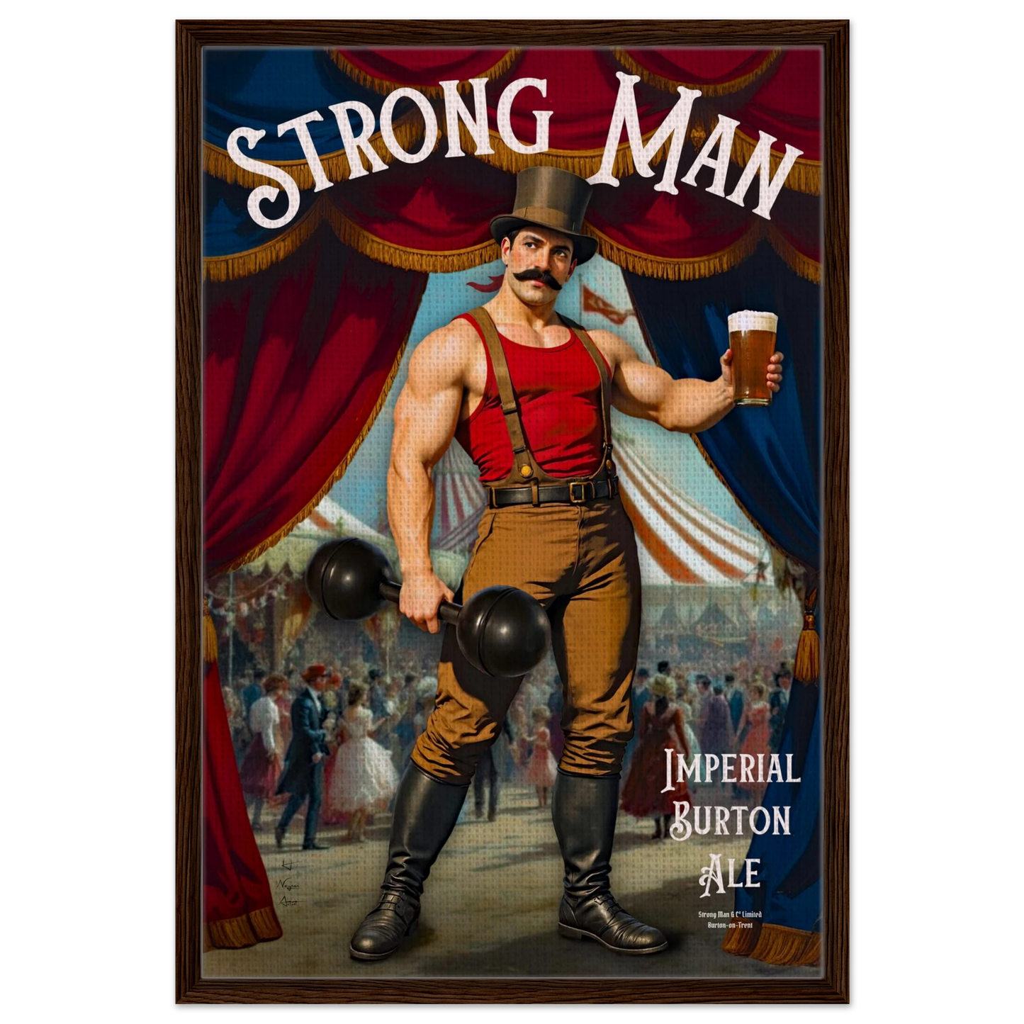 Vintage Victorian Circus Strongman Ale Art Print Dark Brown Wood Frame 60x90 cm 24x36″ Framed Canvas