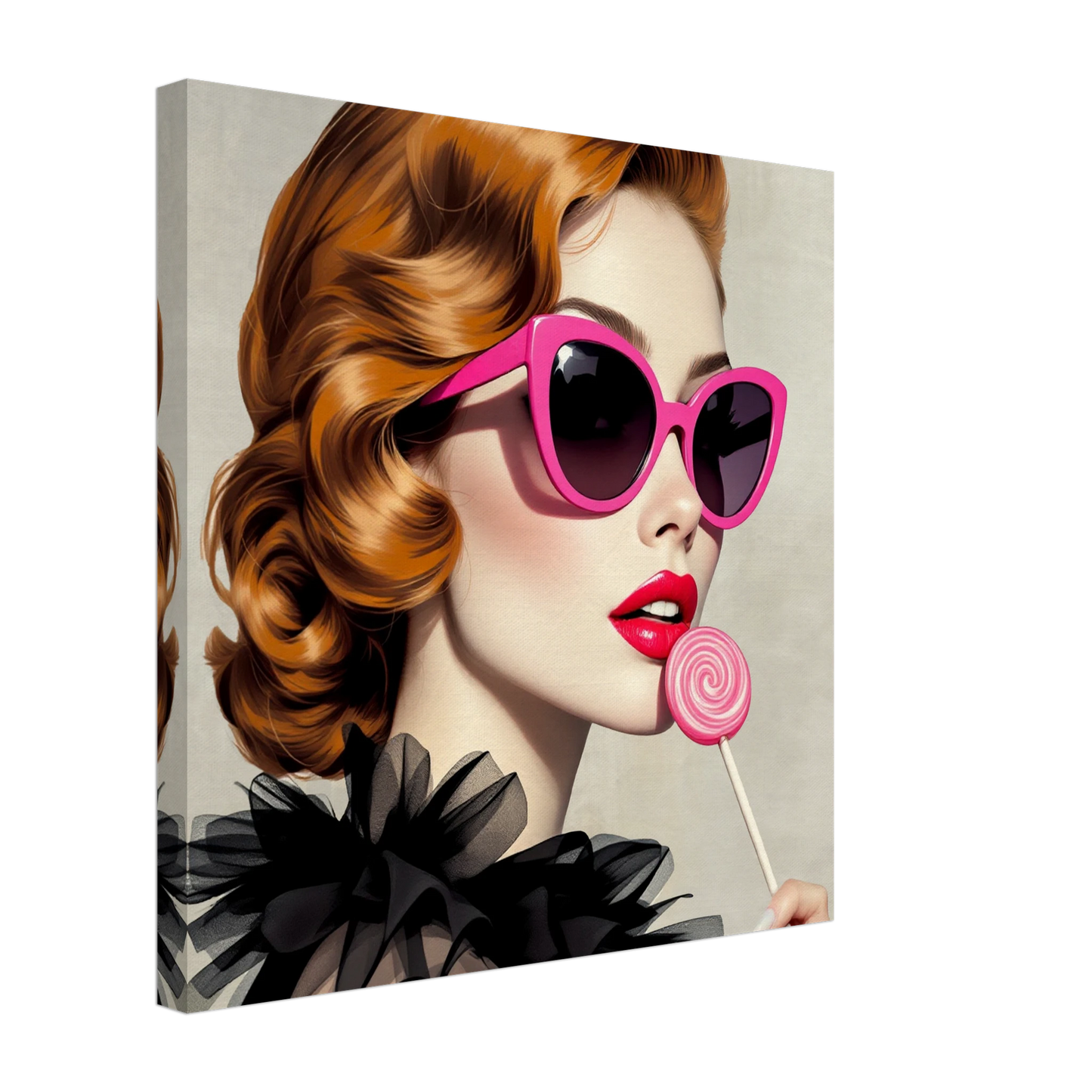 Retro Glam Fashion Model Lollipop Art Print Gallery Wrapped Canvas 50x50 cm 20x20″