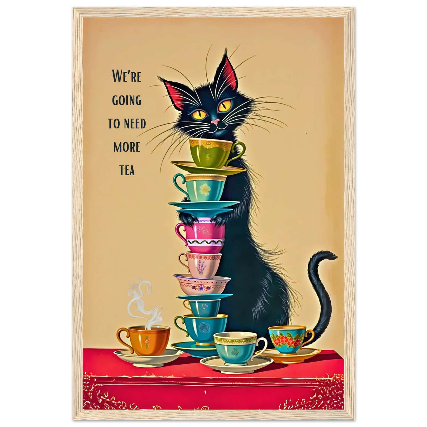 Quirky Cat Funny Tea Art Print 30x45 cm 12x18″ Premium Matte Paper Wooden Framed Poster Light Wood Frame