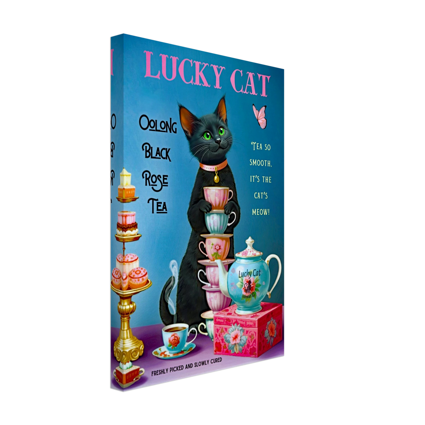 Lucky Cat Vintage Oolong Tea Art Print 30x45 cm 12x18″ Gallery Wrapped Canvas No Frame