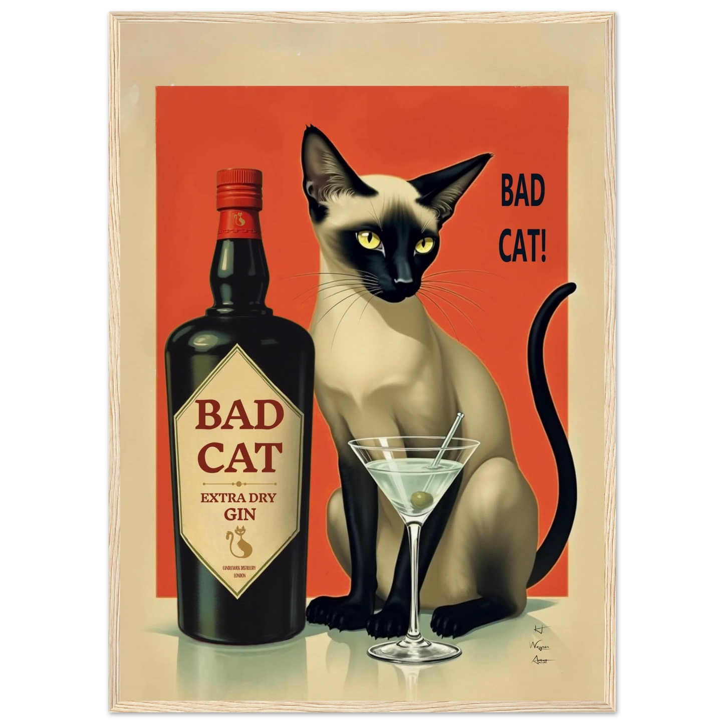 Siamese Cat Gin Martini Cocktail Art Print 50x70 cm 20x28″ Museum-Quality Matte Paper Wooden Framed Poster Light Wood Frame