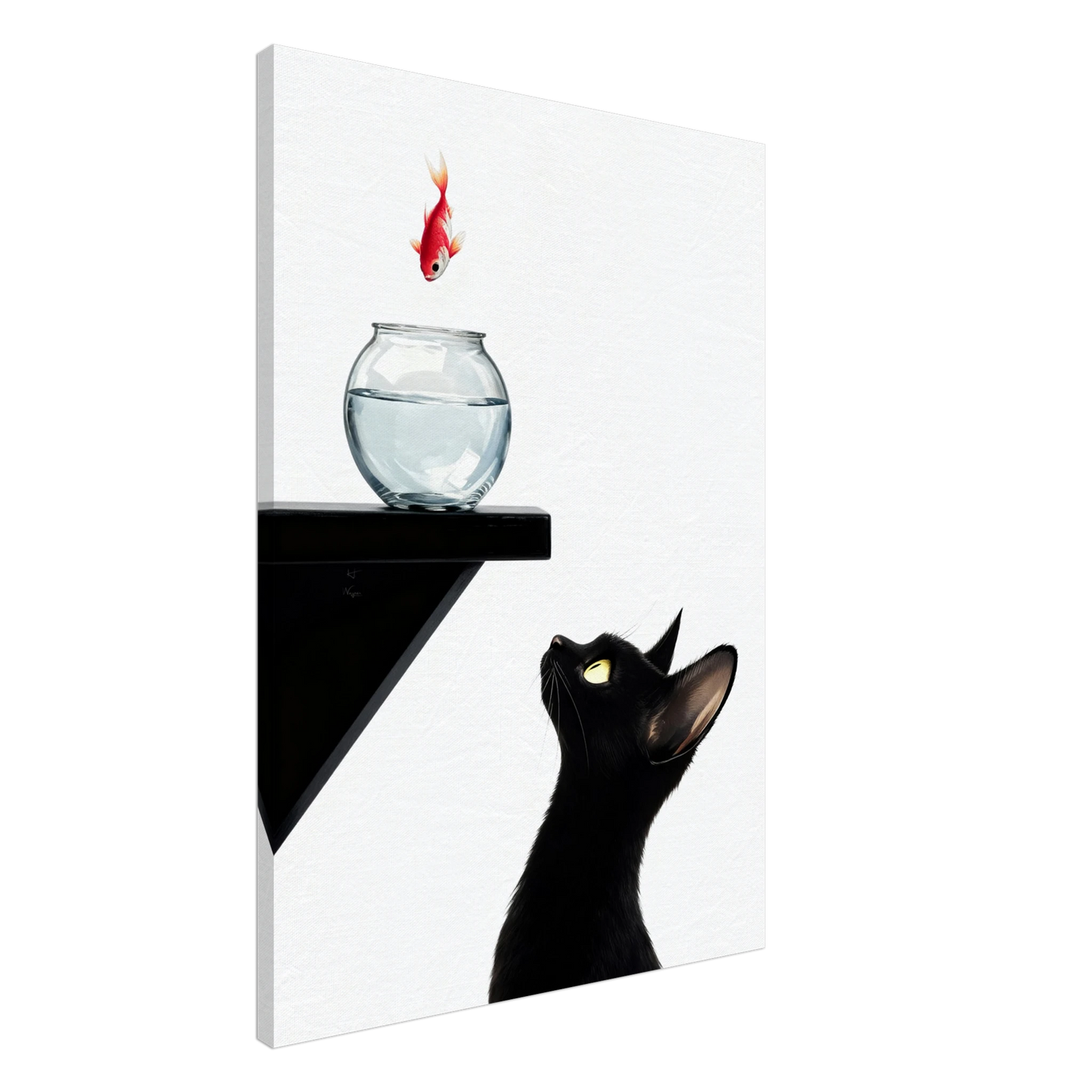 Curious Black Cat Goldfish Minimalist Art Print 70x100 cm 28x40″ Gallery Wrapped Canvas
