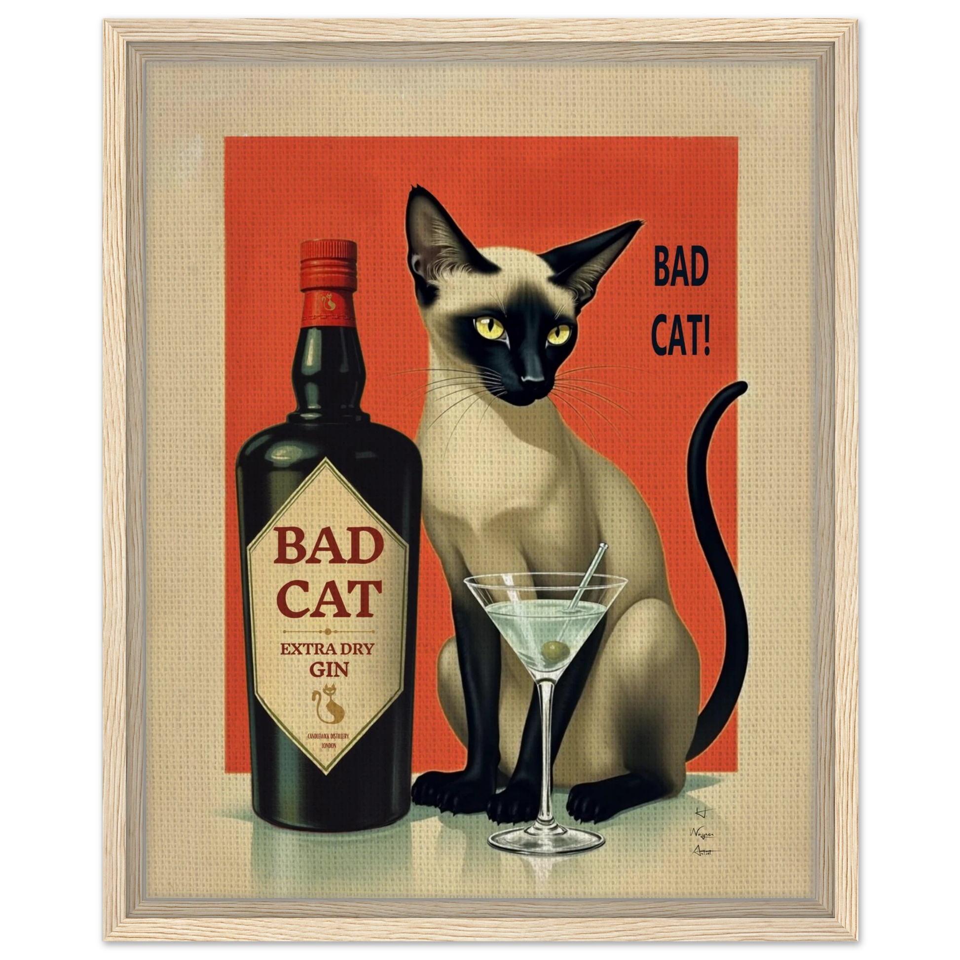 Siamese Cat Gin Martini Cocktail Art Print 40x50 cm 16x20″ Framed Canvas Light Wood Frame