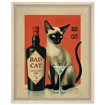 Siamese Cat Gin Martini Cocktail Art Print 40x50 cm 16x20″ Framed Canvas Light Wood Frame