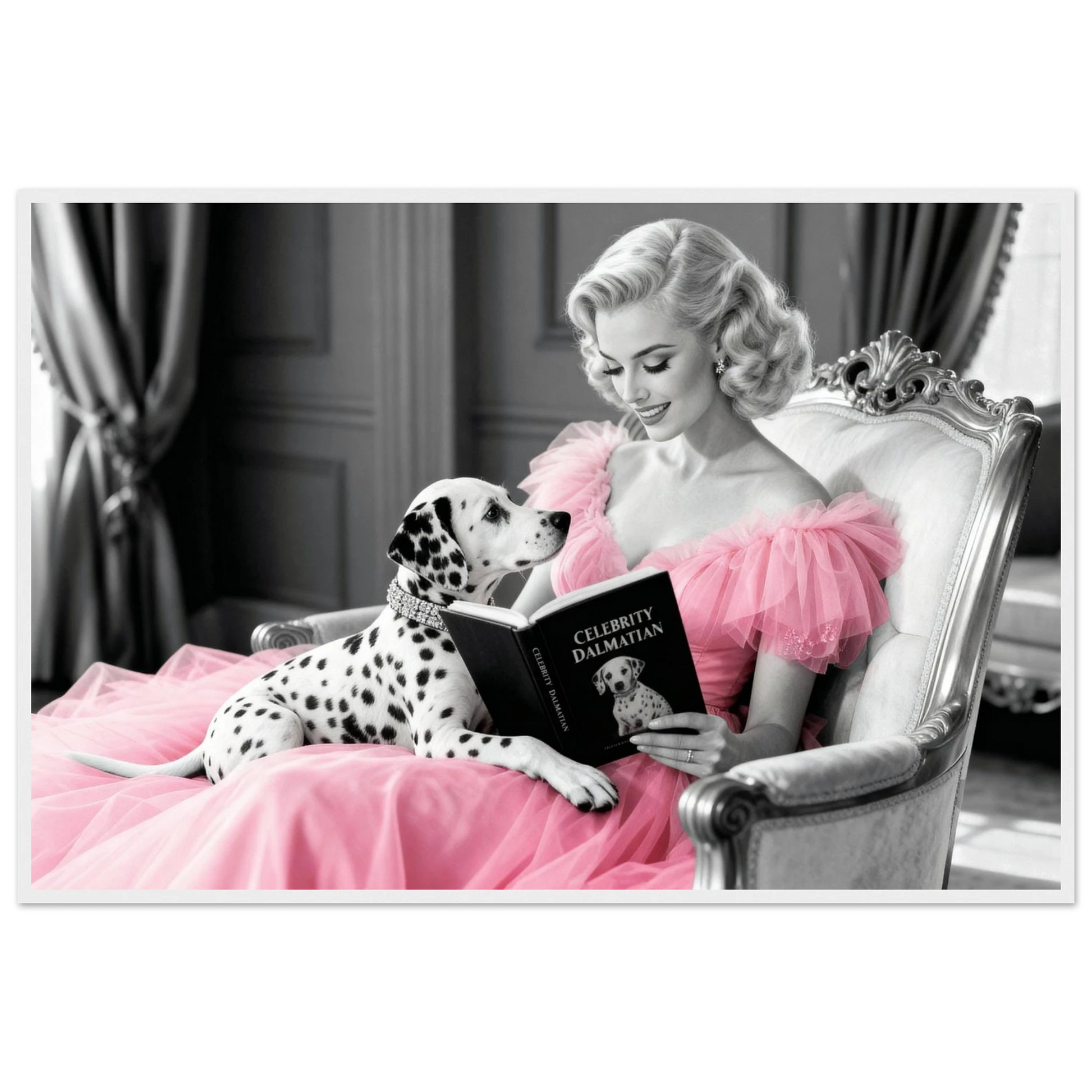 Hollywood Starlet Dalmatian Puppy Art Print 60x90 cm 24x36″ Premium Matte Framed Poster - White Wood