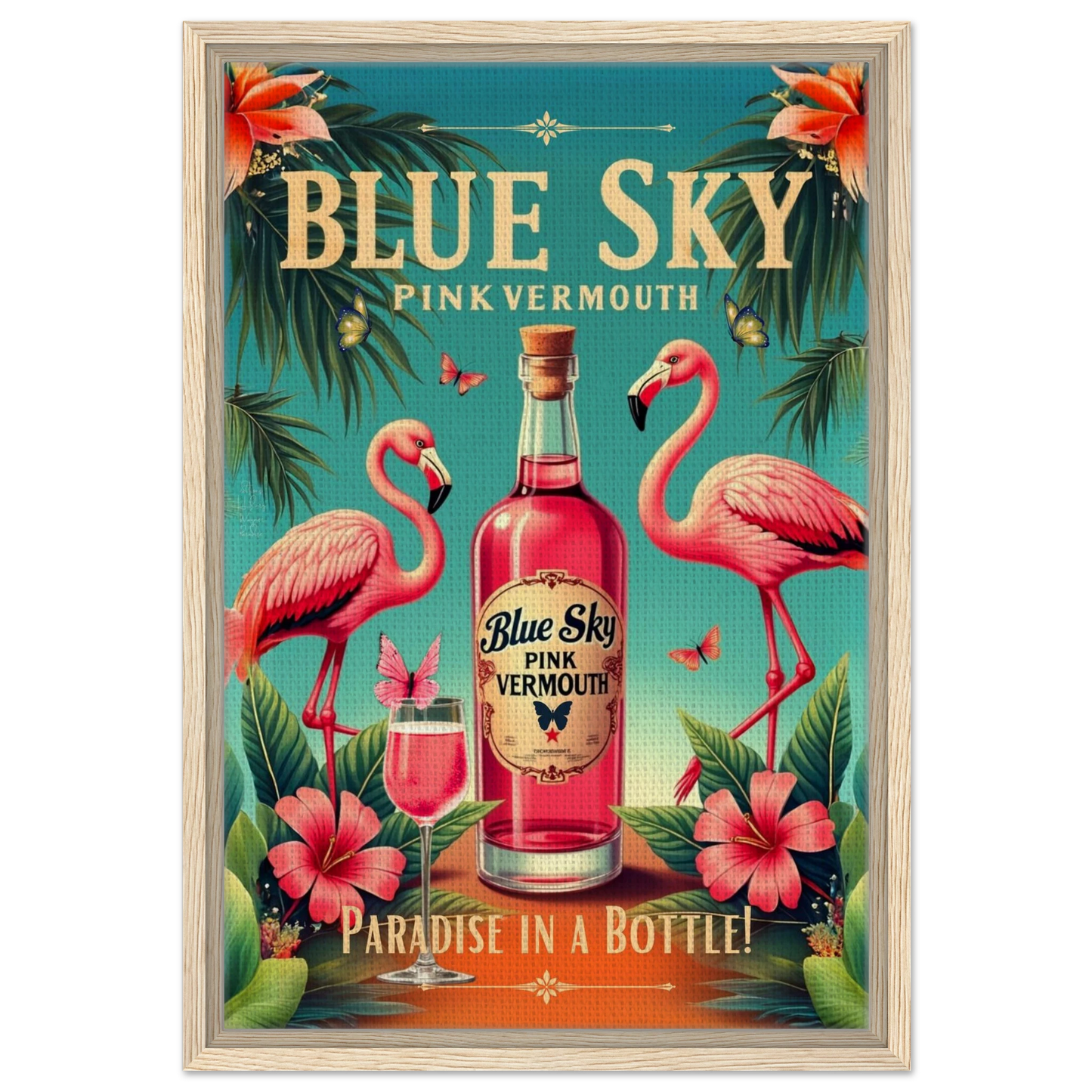 Vintage Pink Flamingo Tiki Bar Art Print 40x60 cm 16x24″ Framed Canvas Light Wood Frame