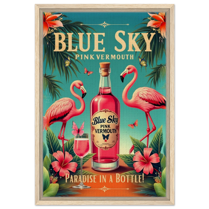 Vintage Pink Flamingo Tiki Bar Art Print 40x60 cm 16x24″ Framed Canvas Light Wood Frame