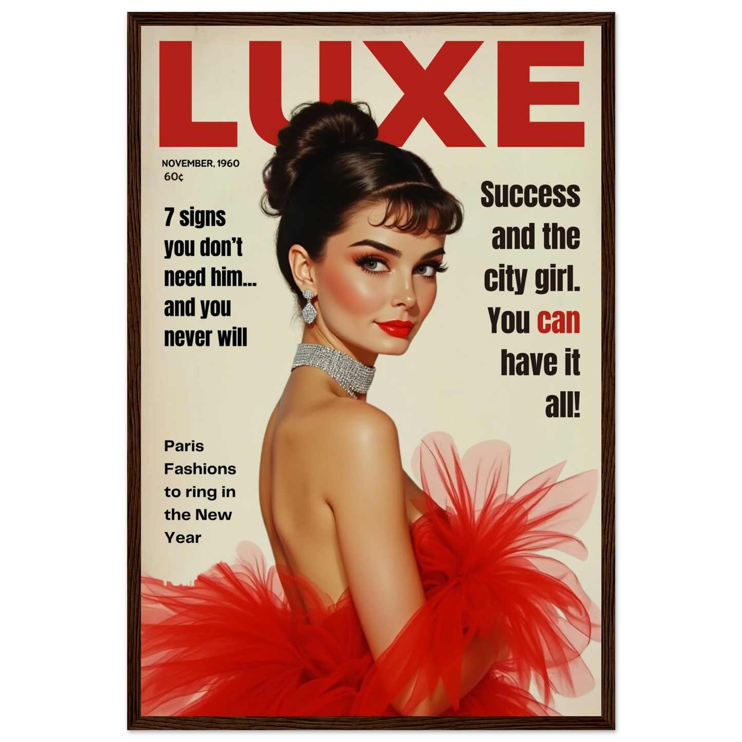 Audrey Hepburn Vintage Fashion Art Print Dark Brown Wood Frame 40x60 cm 16x24″ Premium Matte Paper Wooden Framed Poster