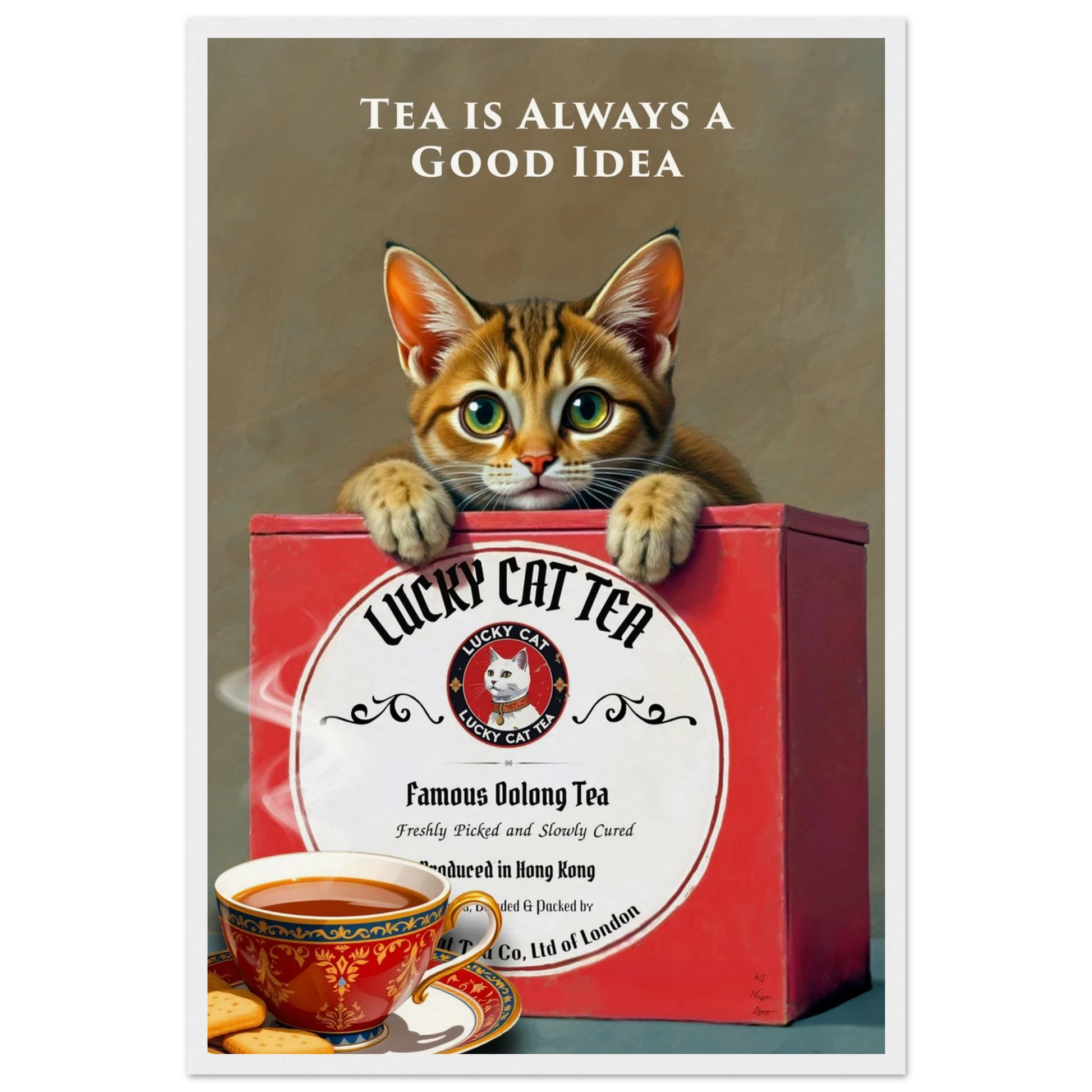 Tabby Lucky Cat Tea Vintage Kitchen Art Print White Wood Frame 40x60 cm 16x24″ Museum-Quality Matte Paper Wooden Framed Poster