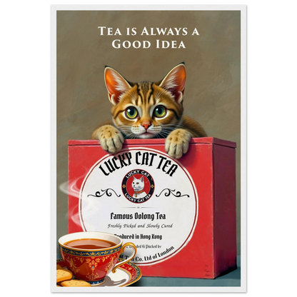 Tabby Lucky Cat Tea Vintage Kitchen Art Print White Wood Frame 40x60 cm 16x24″ Museum-Quality Matte Paper Wooden Framed Poster