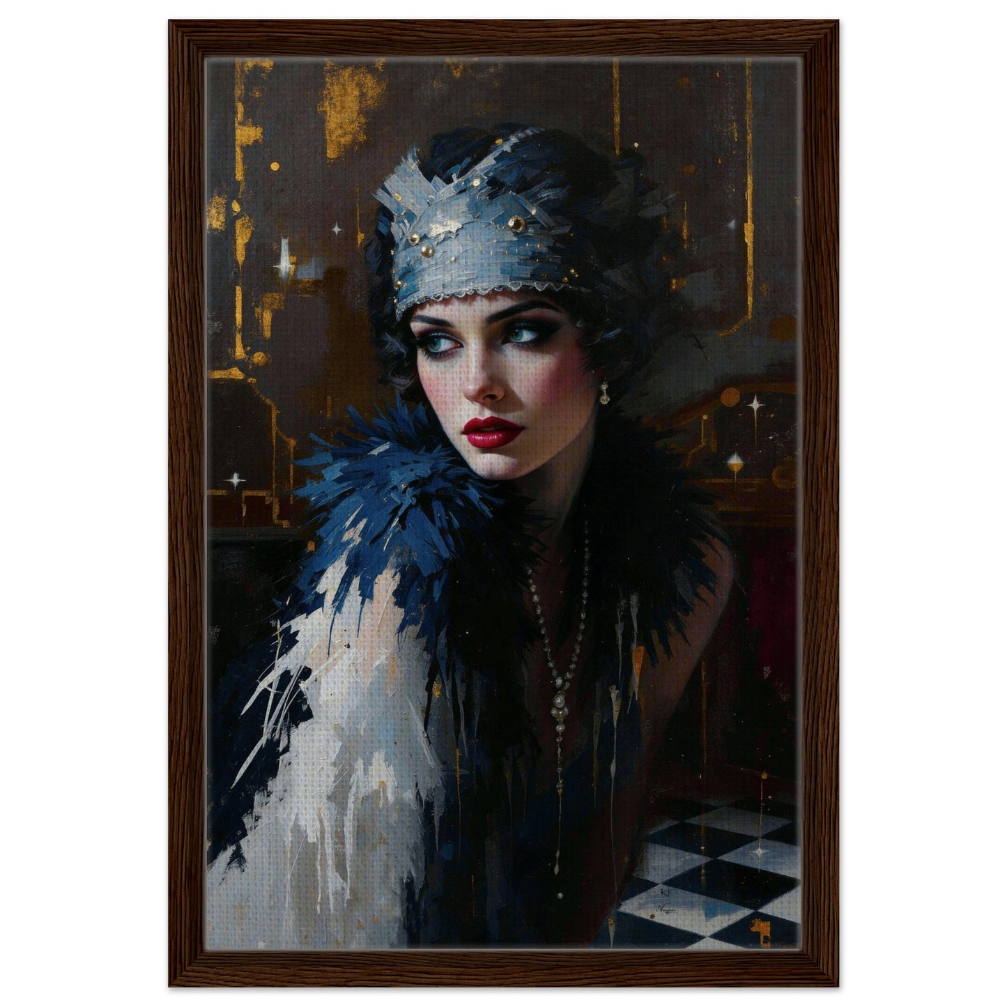 1920s Gatsby Flapper Painting Art Print - Speakeasy Prohibition Wall Decor 16x24″ Framed Canvas - Dark Brown Wood