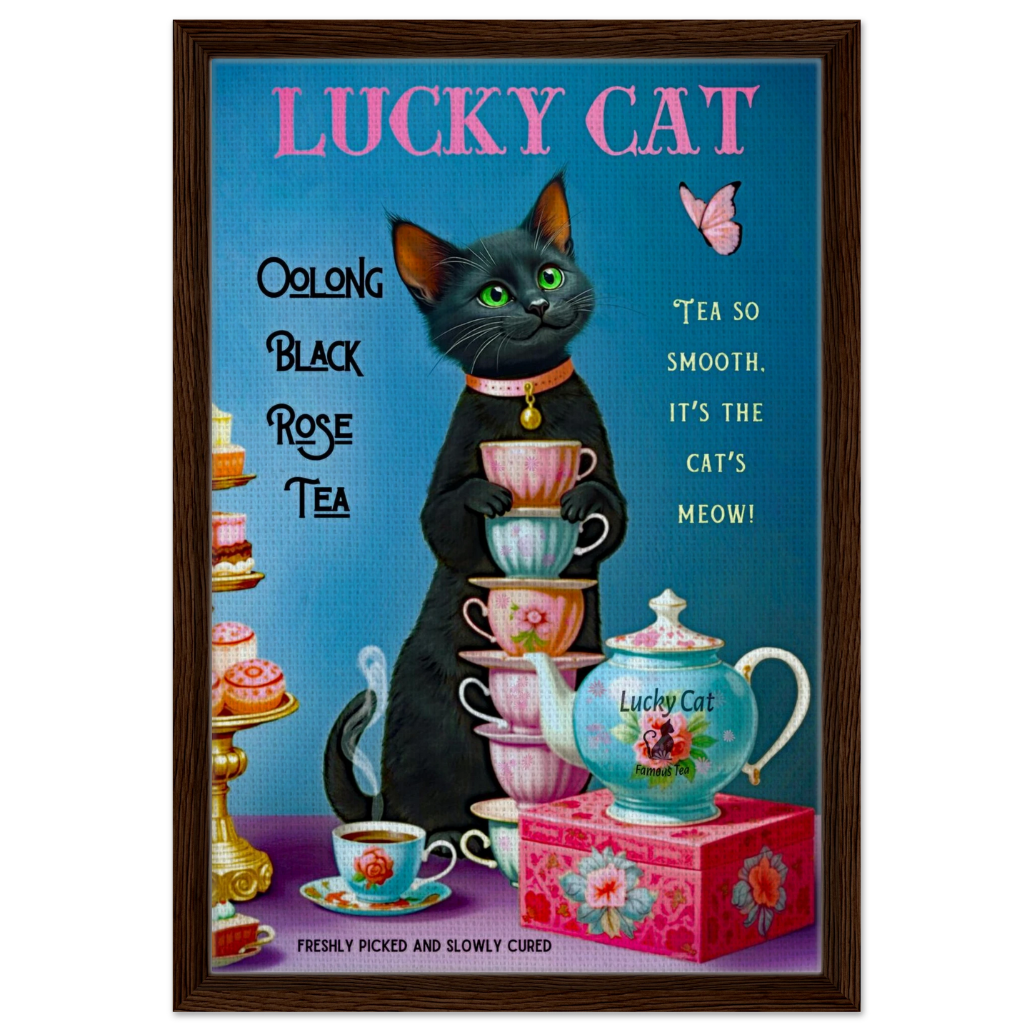Lucky Cat Vintage Oolong Tea Art Print 40x60 cm 16x24″ Framed Canvas Dark Brown Wood Frame