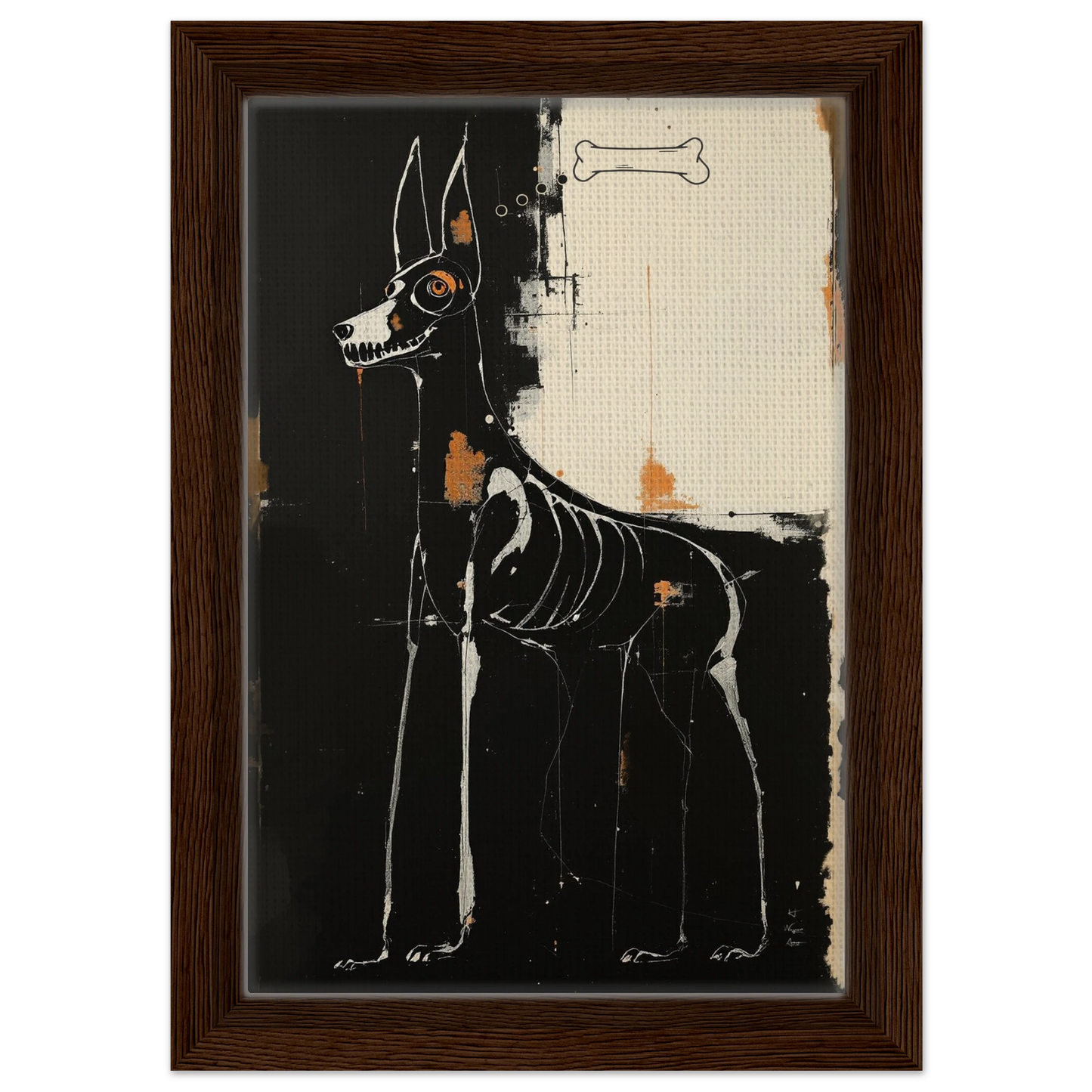 X-ray Skeleton Dog Abstract Art Poster Print 20x30 cm 8x12″ Framed Canvas Dark Brown Wood Frame