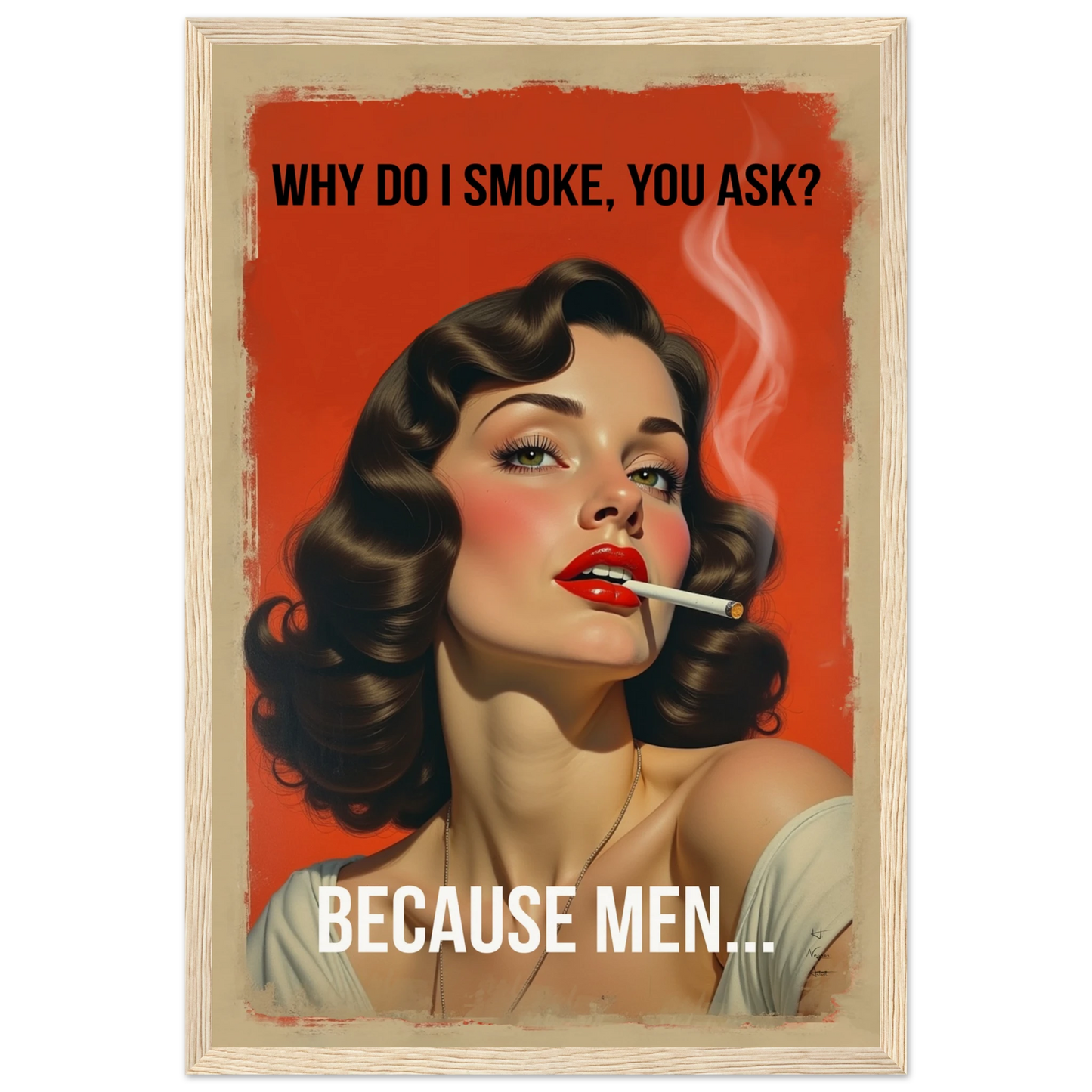 Retro Smoking Pin-Up Girl Art Print Light Wood Frame 30x45 cm 12x18″ Museum-Quality Matte Paper Wooden Framed Poster