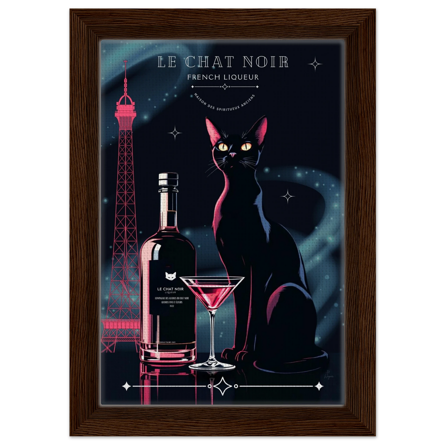 Art Deco Le Chat Noir French Black Cat Art Print 20x30 cm 8x12″ Framed Canvas Dark wood frame