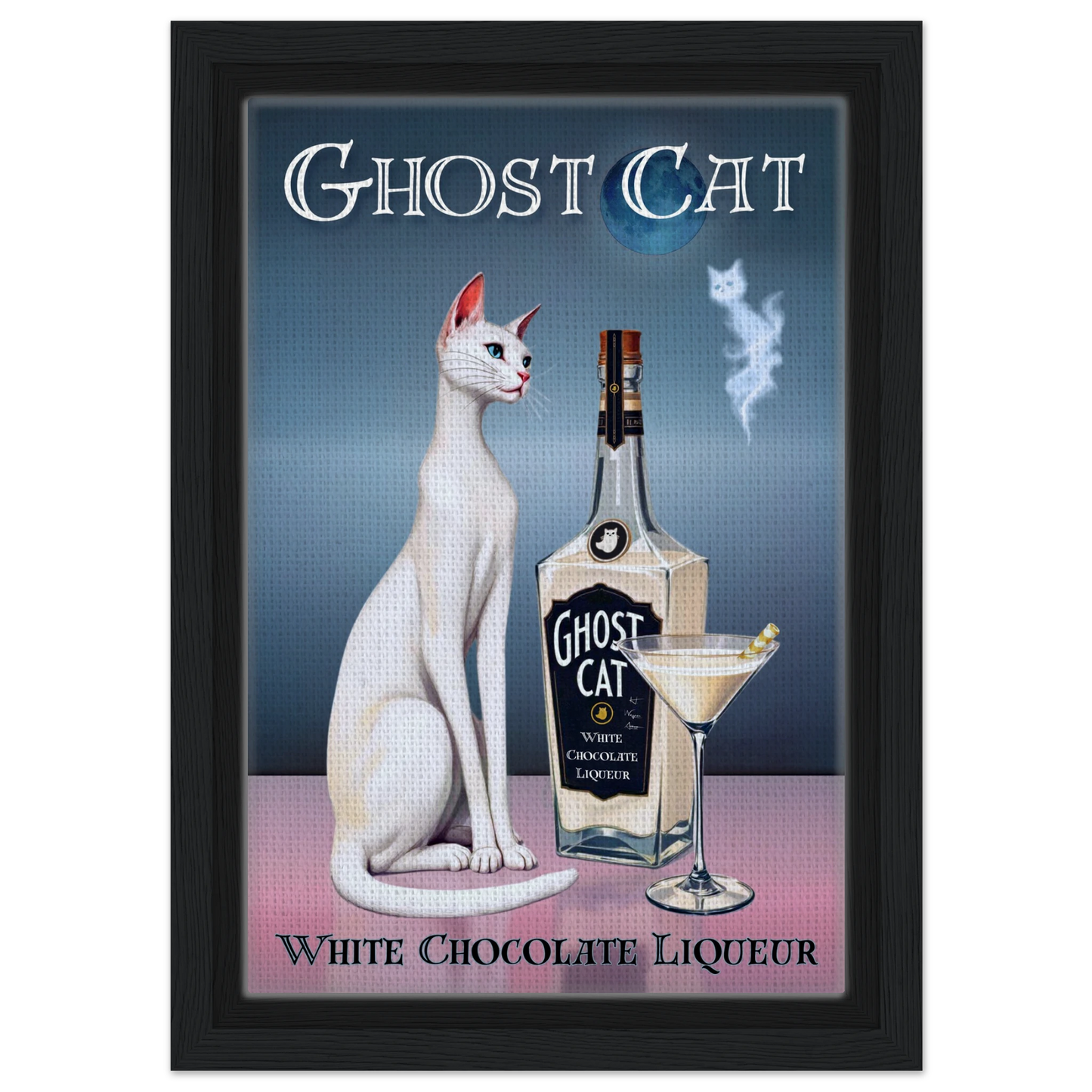 White Cat Martini Cocktail Bar Art Print 20x30 cm 8x12″ Framed Canvas Black Wood frame