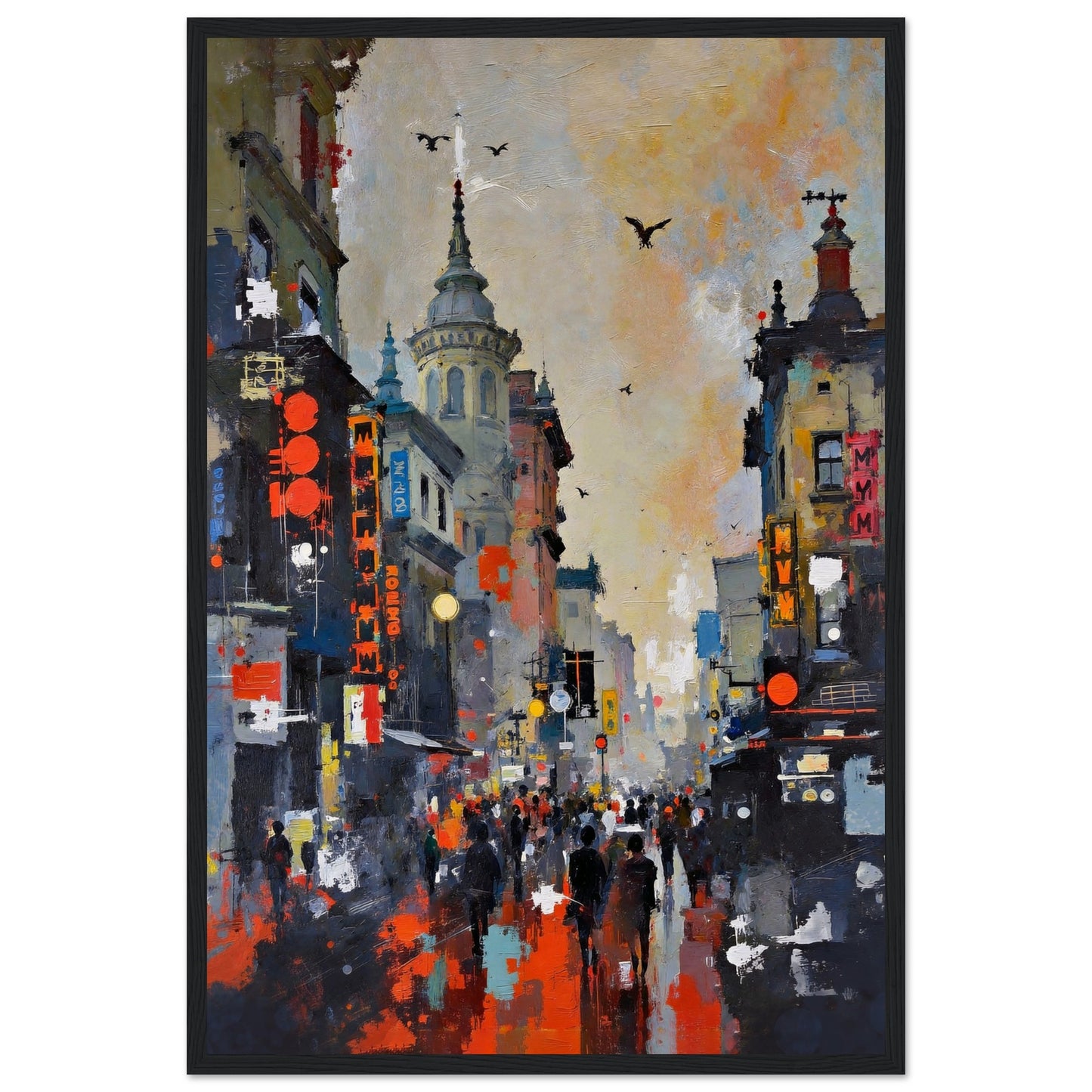 Gothic City Street Art Print - European Cityscape 40x60 cm 16x24″ Museum-Quality Matte Framed Poster - Black Wood
