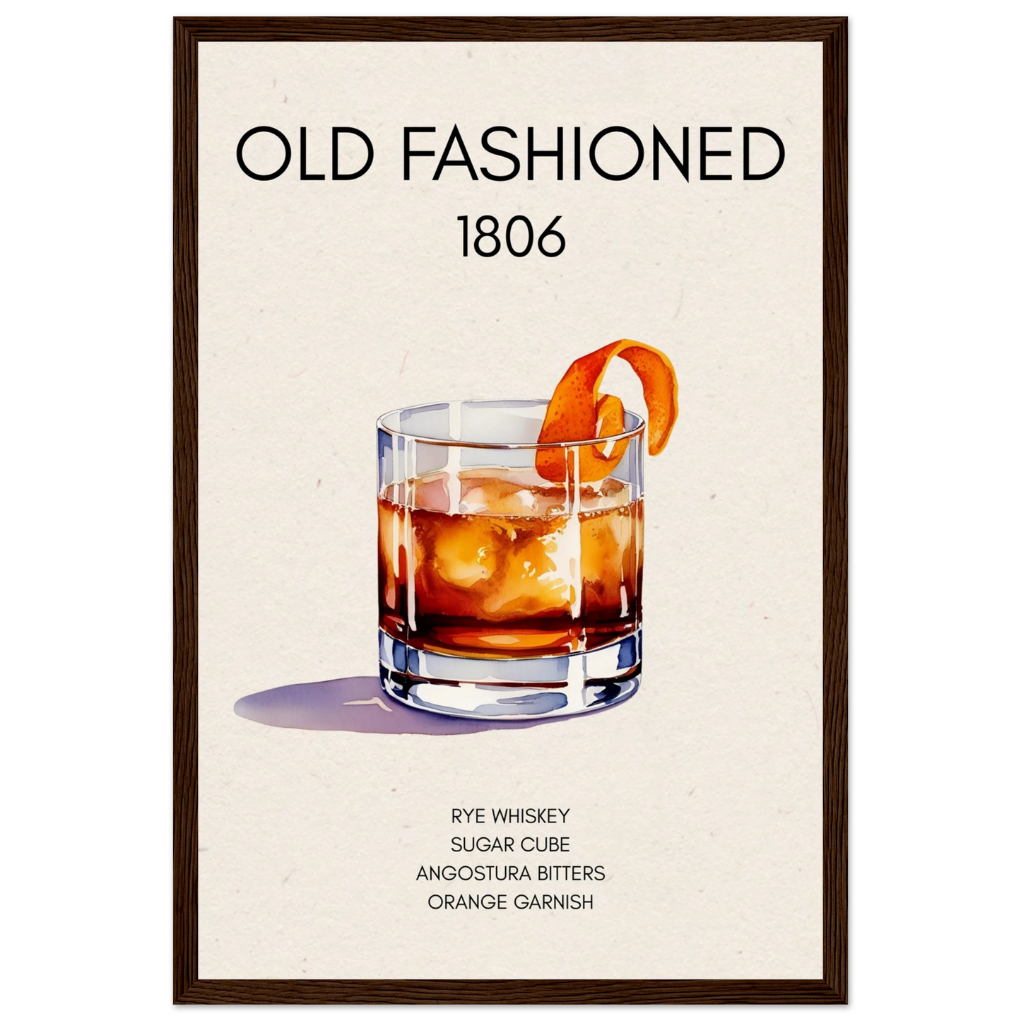 Classic Old Fashioned Cocktail Bar Poster Print Dark Brown Wood Frame 30x45 cm 12x18″ Museum-Quality Matte Paper Wooden Framed Poster