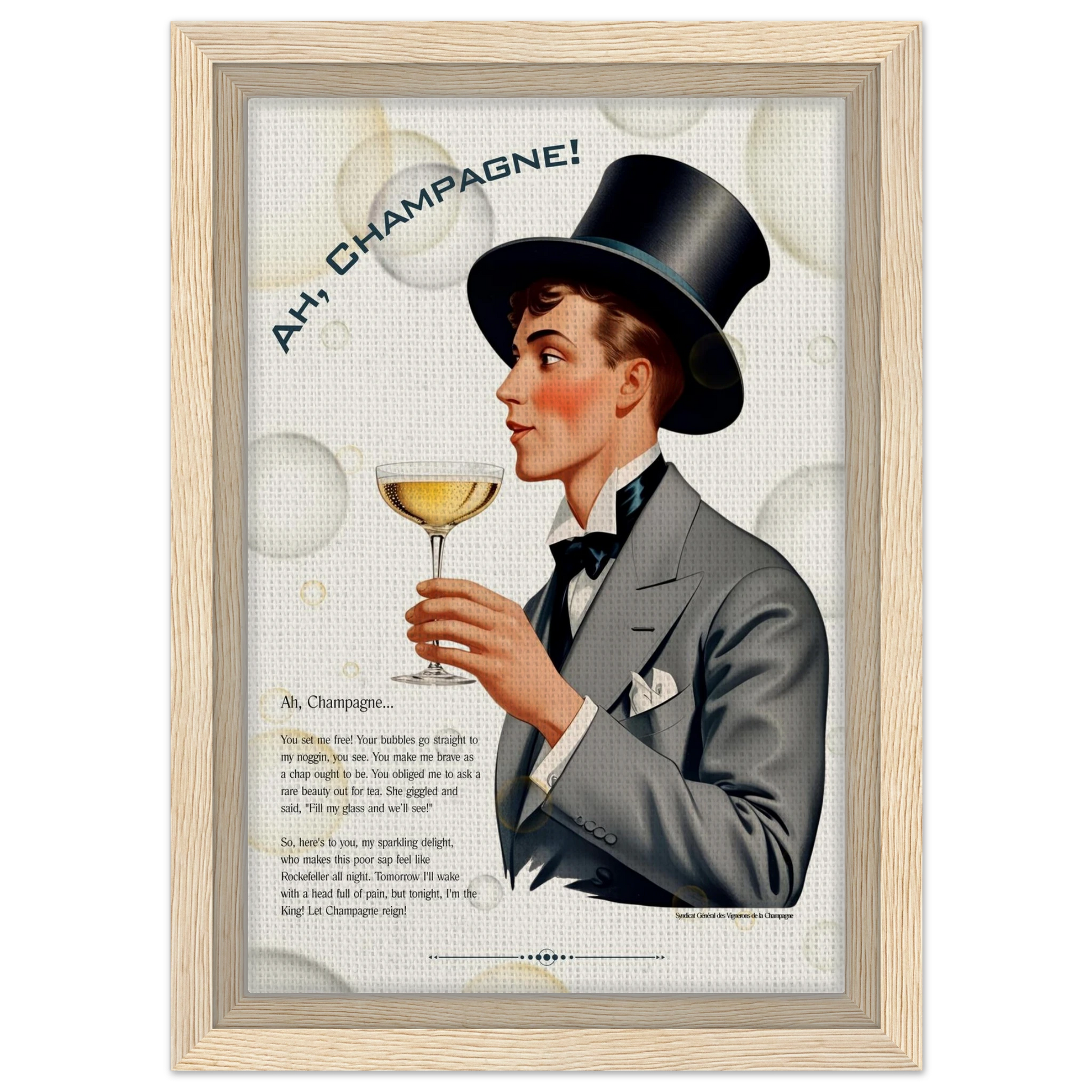 Art Deco Champagne Funny Poem Art Print 60x90 cm 24x36″ Classic Matte Paper Wooden Framed Poster Dark wood frame