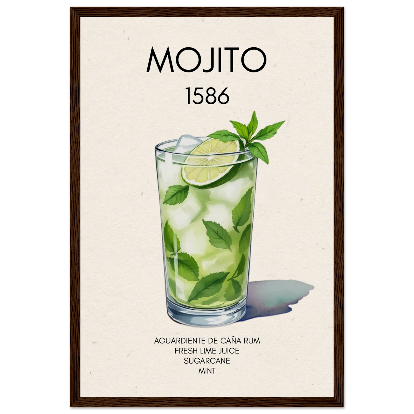Mojito Cocktail Bar Poster Print Dark Brown Wood Frame 30x45 cm 12x18″ Museum-Quality Matte Paper Wooden Framed Poster