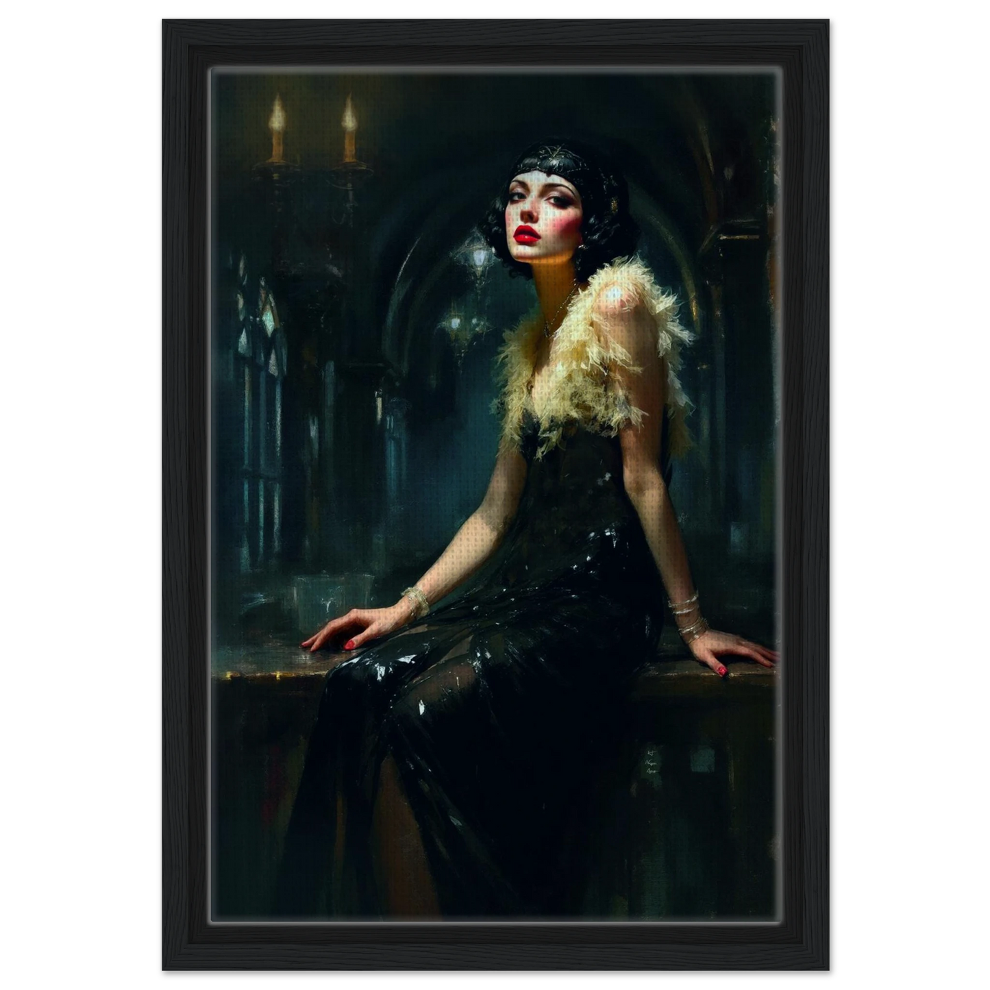 Speakeasy 1920s Flapper Art Print 30x45 cm 12x18″ Framed Canvas Black Wood Frame