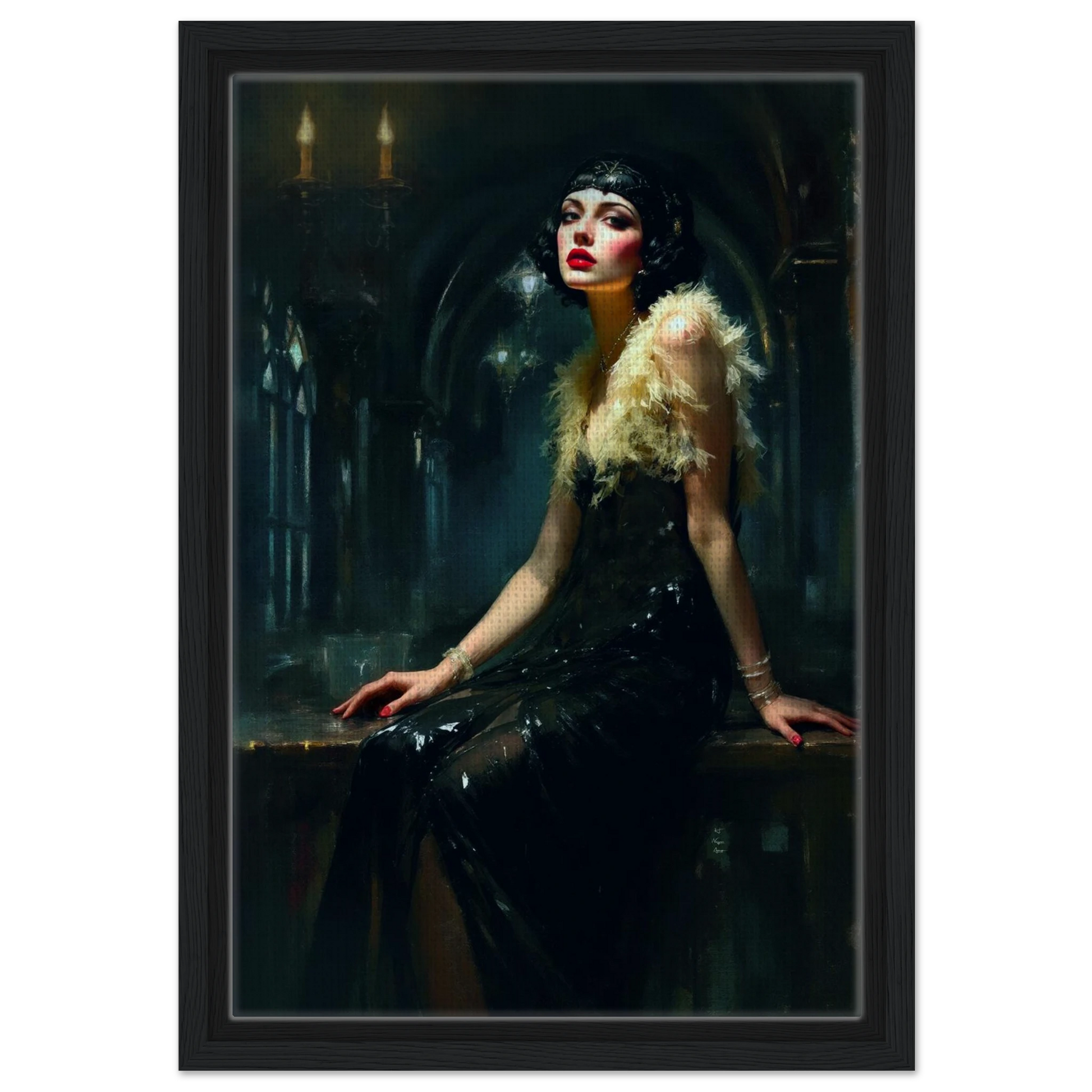Speakeasy 1920s Elegant Flapper Art Print 30x45 cm 12x18″ Framed Canvas Black Wood Frame