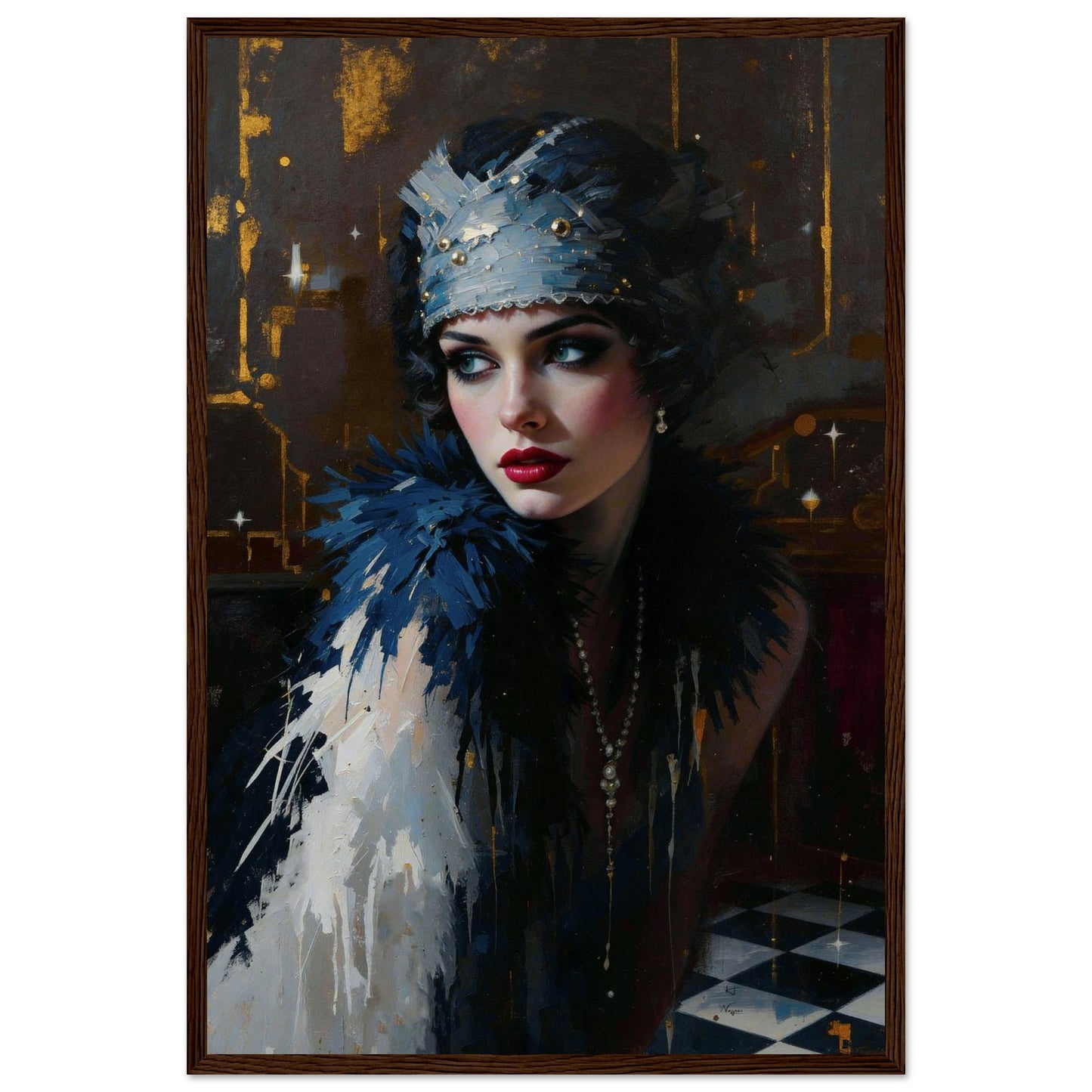 1920s Gatsby Flapper Painting Art Print - Speakeasy Prohibition Wall Decor 16x24″ Museum-Quality Matte Framed Poster - Dark Brown Wood