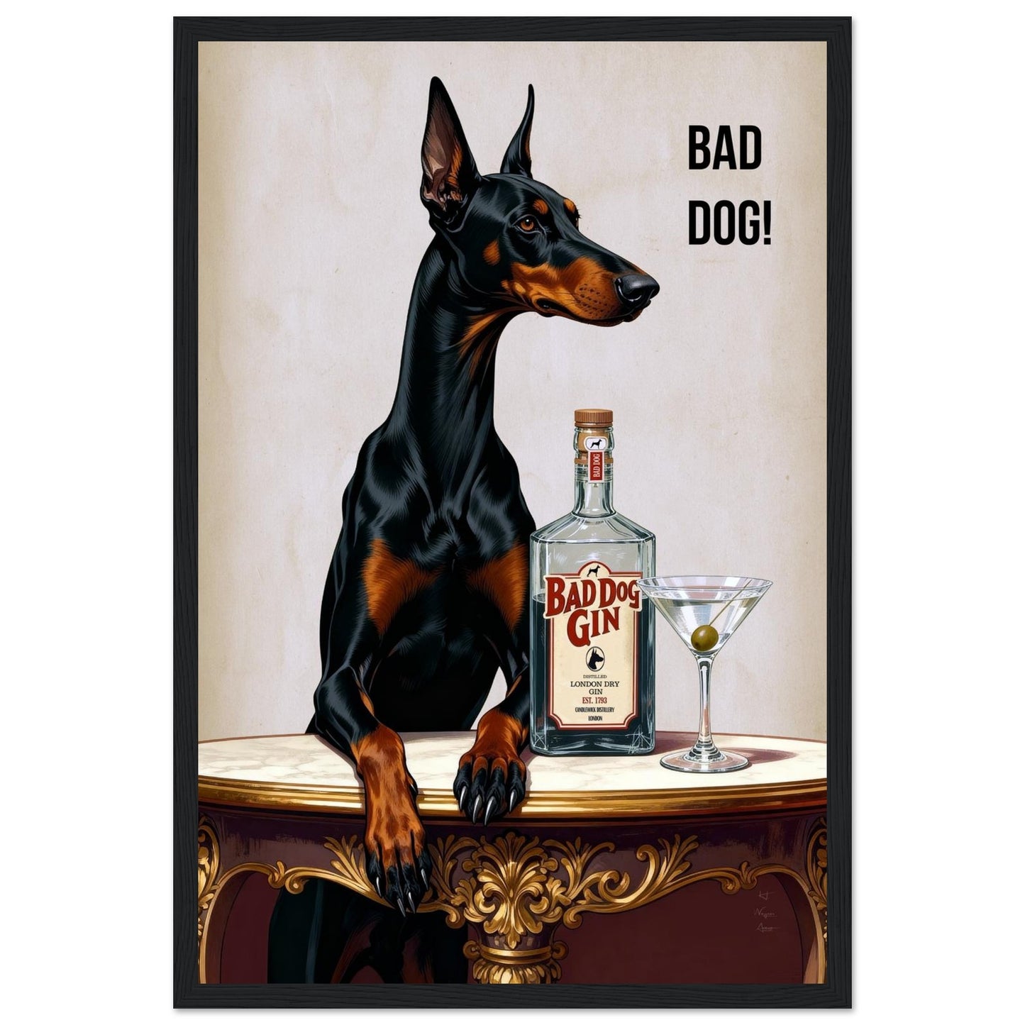 Bad Dog Gin Cocktail Bar Art Print 30x45 cm 12x18″ Classic Matte Framed Poster Black Wood Frame