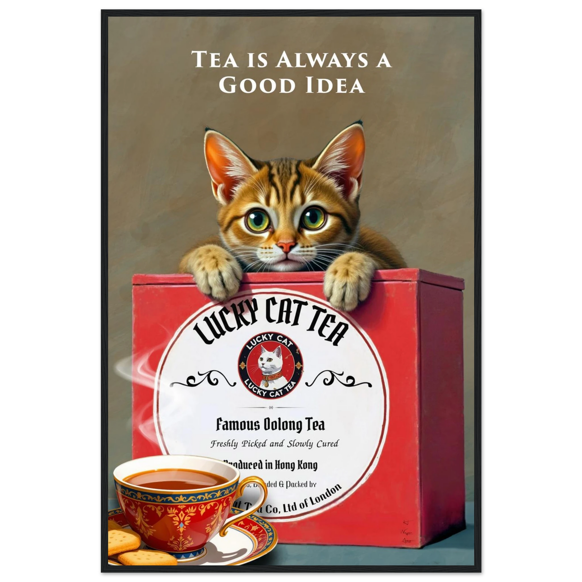 Tabby Lucky Cat Tea Vintage Kitchen Art Print Black Wood frame 60x90 cm 24x36″ Premium Matte Paper Wooden Framed Poster