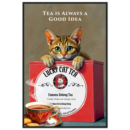 Tabby Lucky Cat Tea Vintage Kitchen Art Print Black Wood frame 60x90 cm 24x36″ Premium Matte Paper Wooden Framed Poster