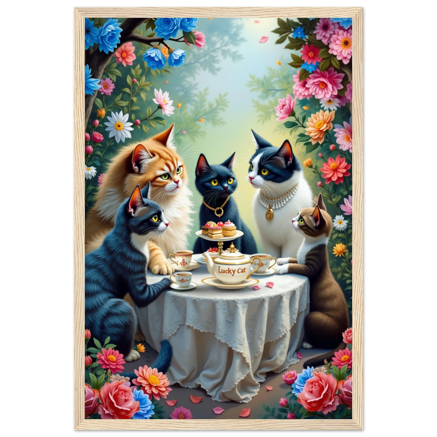Lucky Cat Tea Party Botanical Art Print 30x45 cm 12x18″ Classic Matte Paper Wooden Framed Poster Light Wood Frame