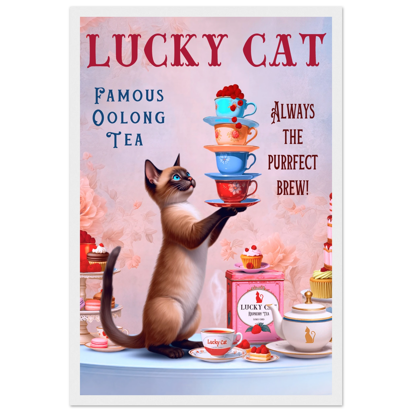Siamese Lucky Cat Vintage Tea Art Print 30x45 cm 12x18″ Premium Matte Paper Wooden Framed Poster White Wood Frame